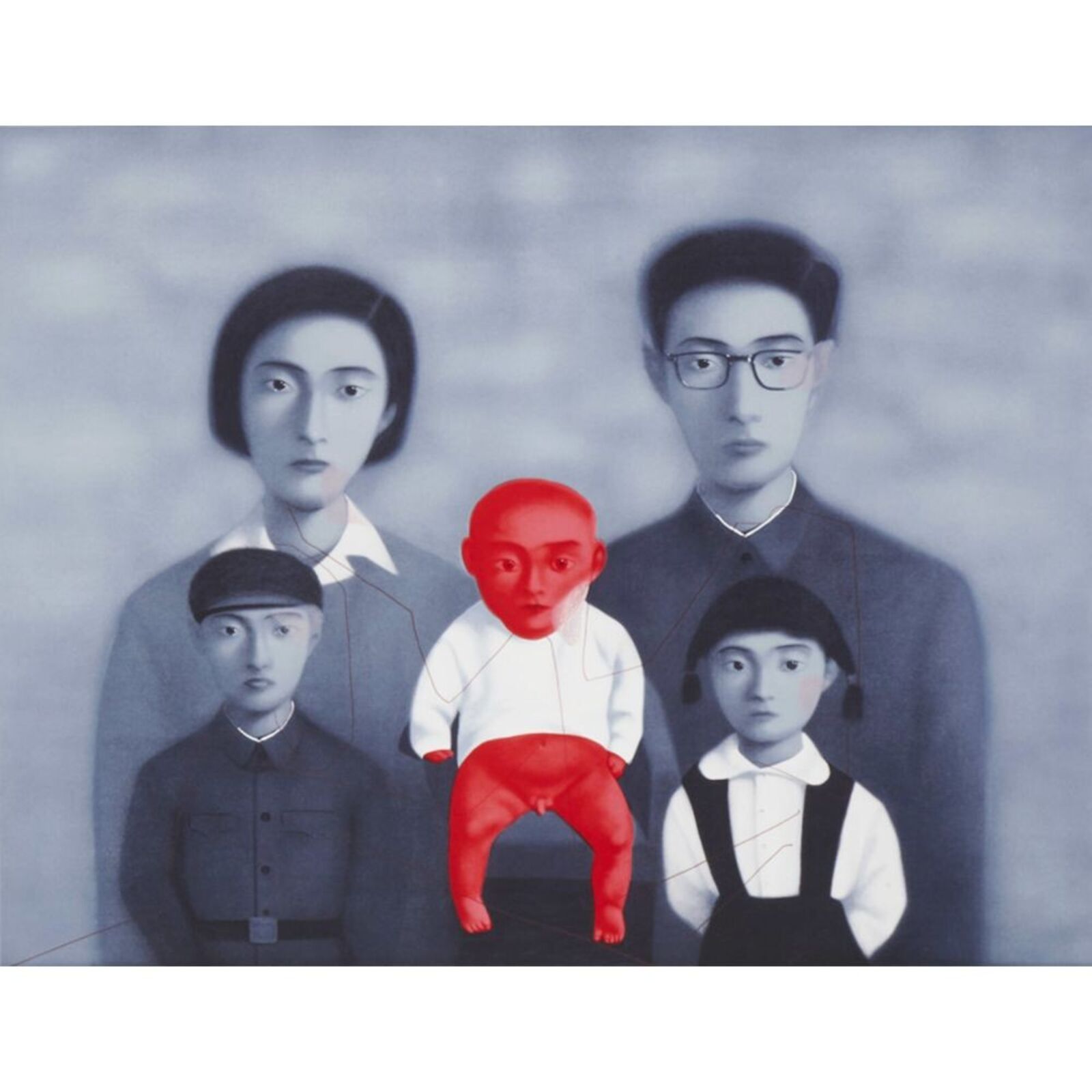 A surreal portrait of a family where one child is rendered in vivid red against a desaturated blue-grey background.