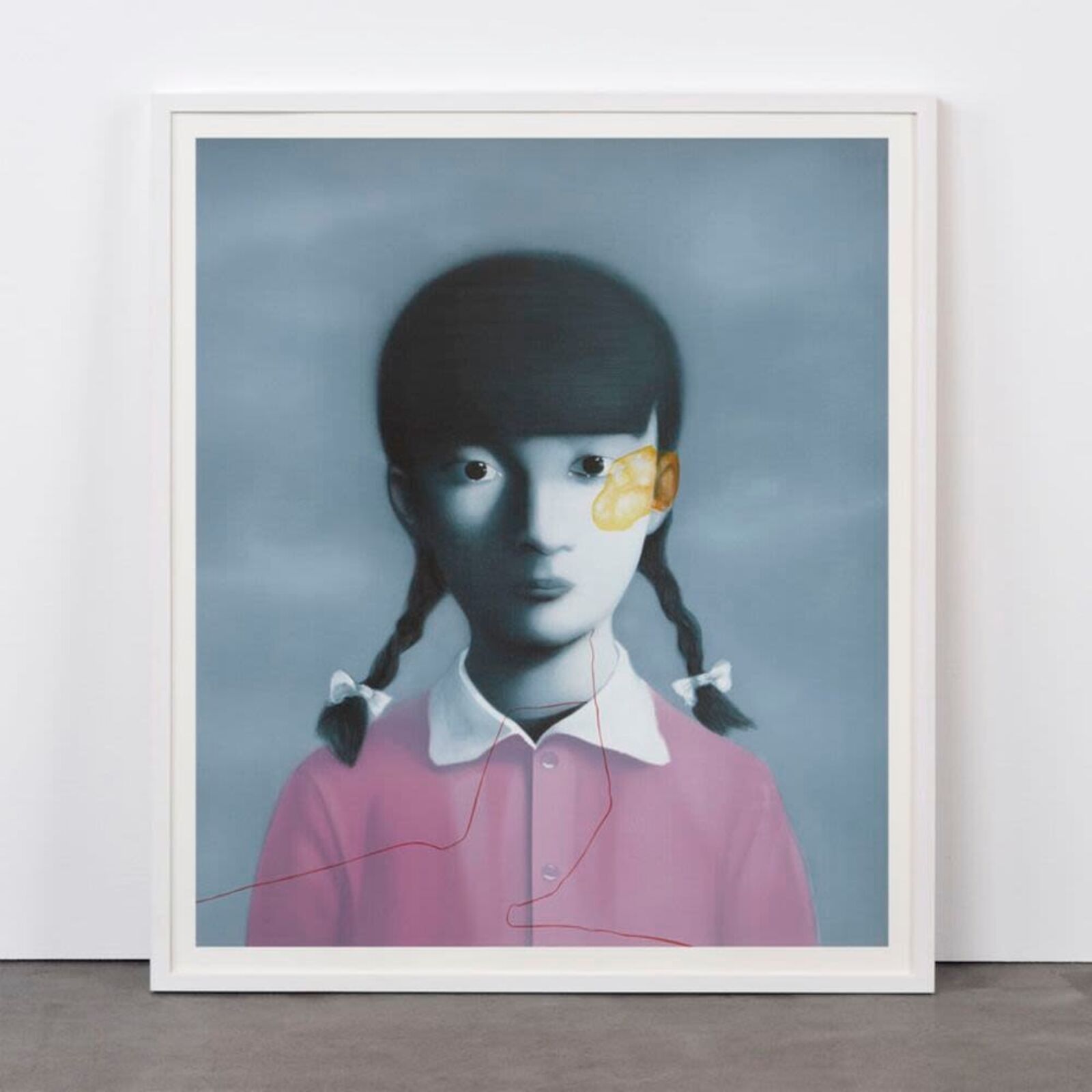 A surreal portrait of a figure with pigtails, one eye replaced by a yellow object and a red thread traversing the chest.