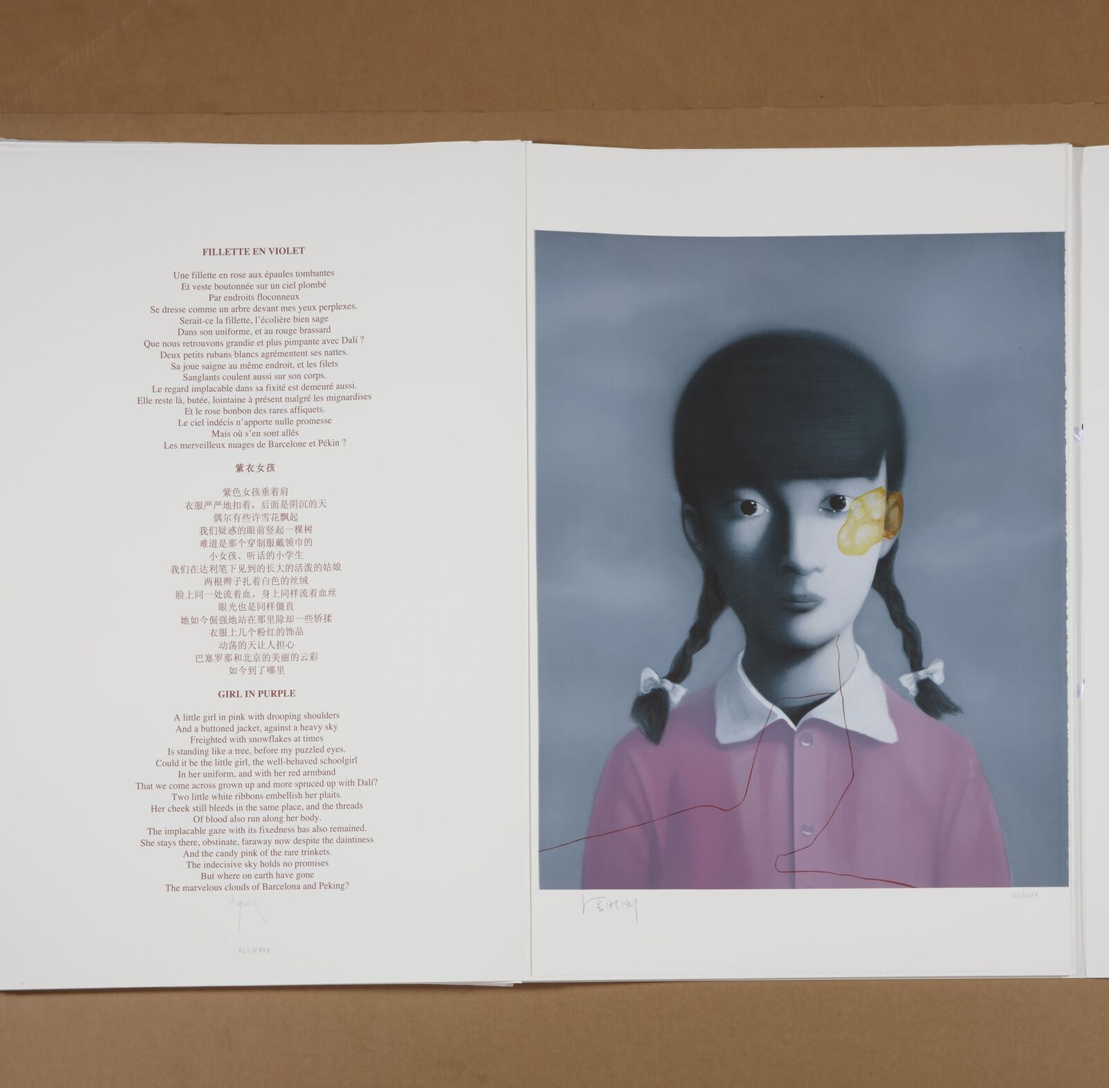 A surreal portrait of a figure with pigtails, one eye replaced by a yellow object and a red thread traversing the chest.