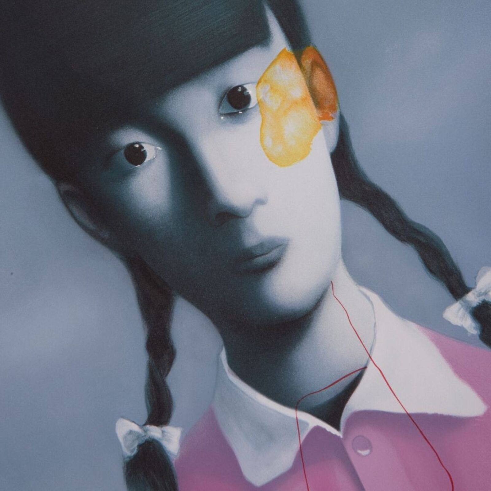 A surreal portrait of a figure with pigtails, one eye replaced by a yellow object and a red thread traversing the chest.