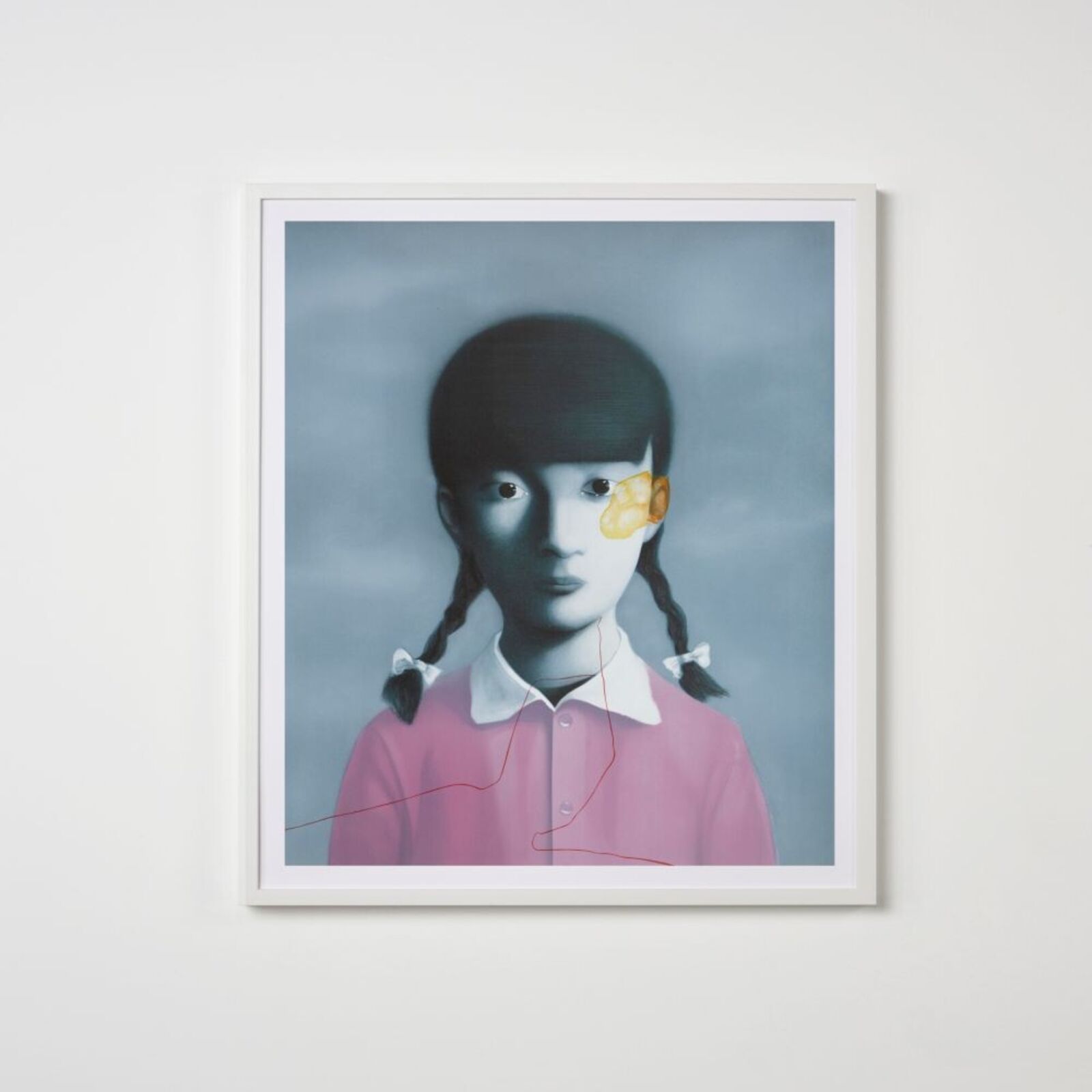 A surreal portrait of a figure with pigtails, one eye replaced by a yellow object and a red thread traversing the chest.