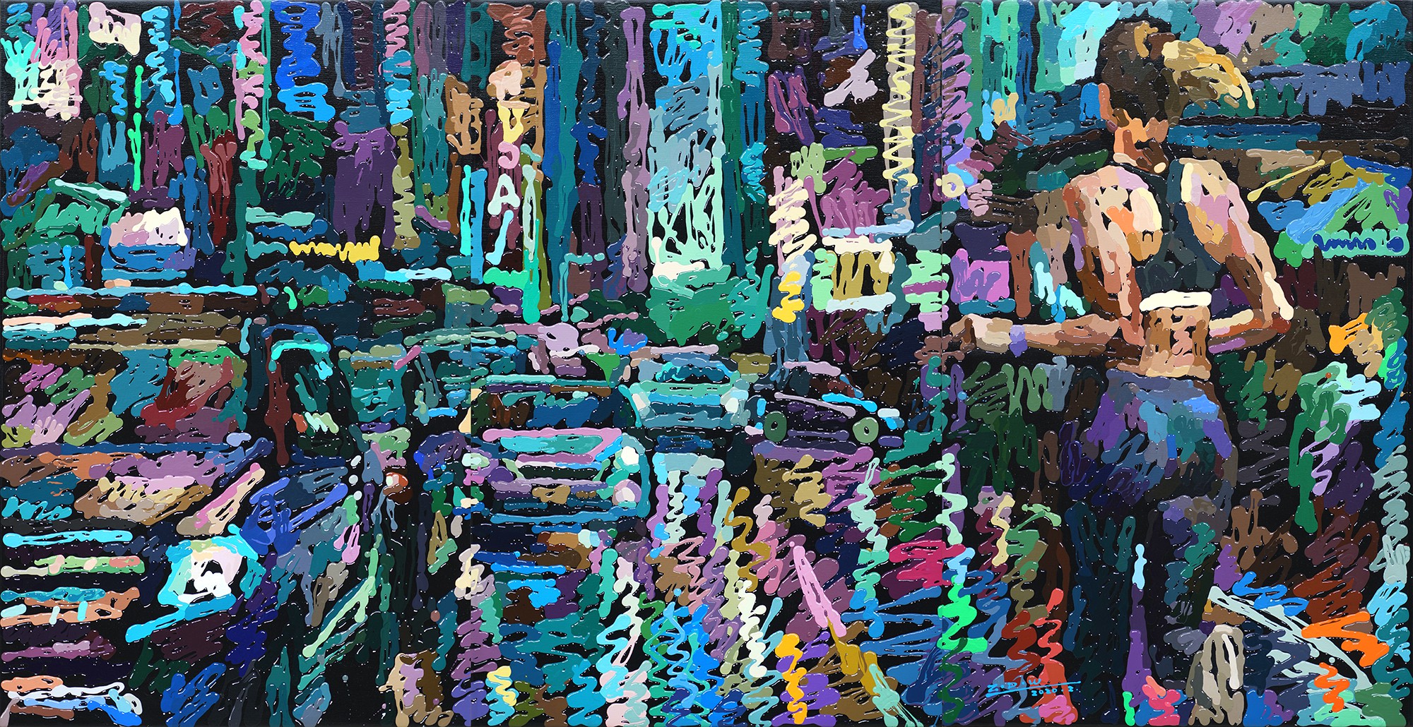 A vibrant, abstracted figure stands amidst a chaotic, colorful urban landscape.