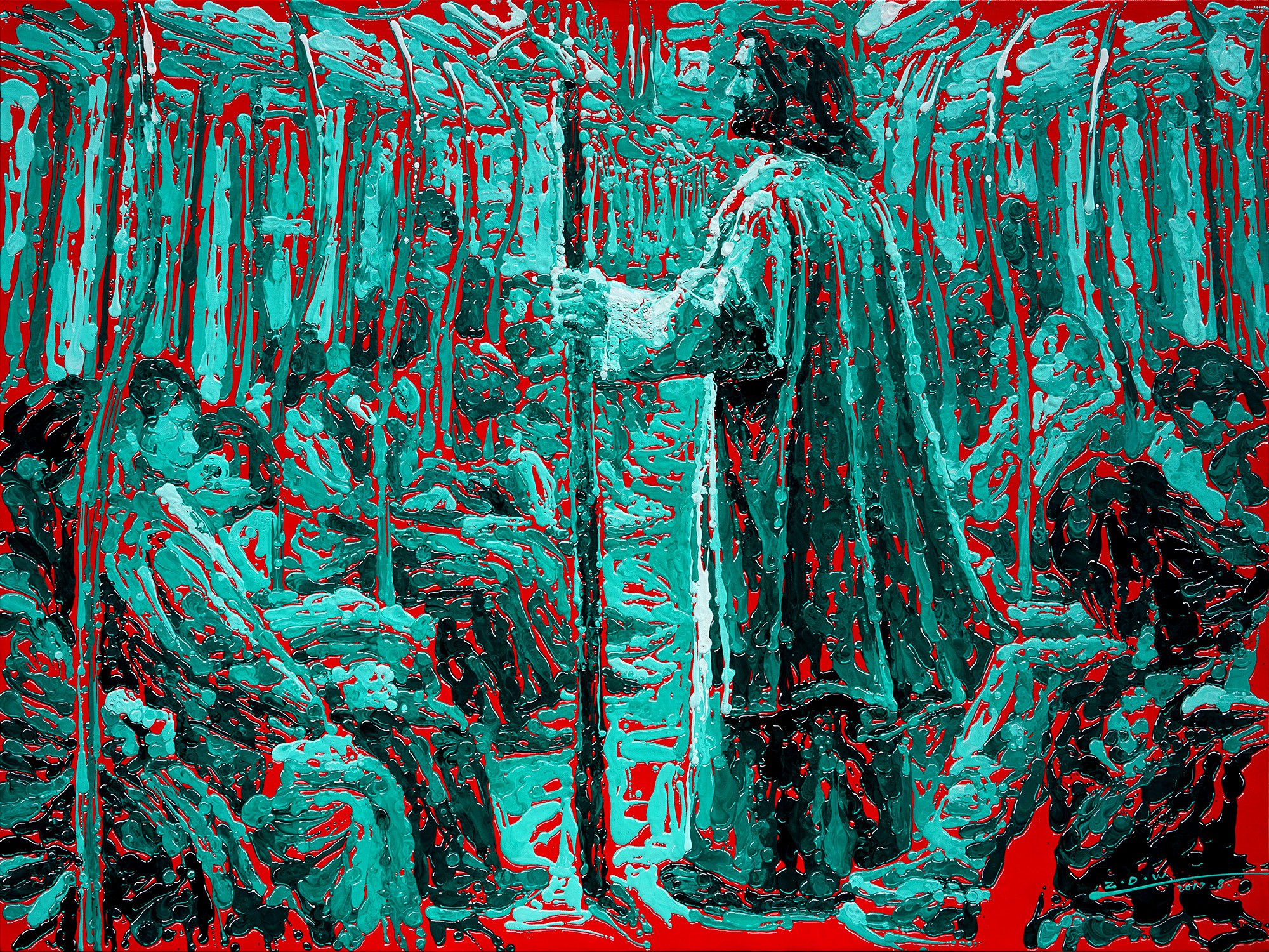 A vibrant, abstract figure in a forest of red and teal.