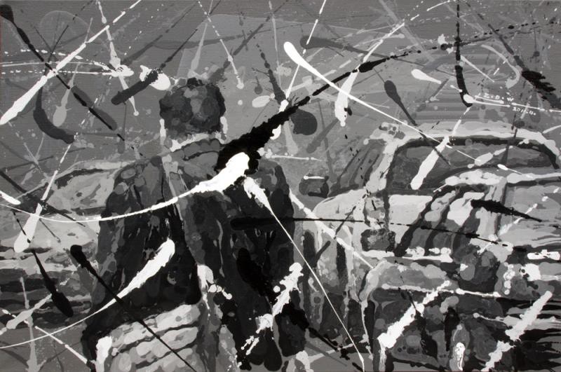 A monochromatic abstract composition featuring a central figure surrounded by chaotic, energetic brushstrokes.