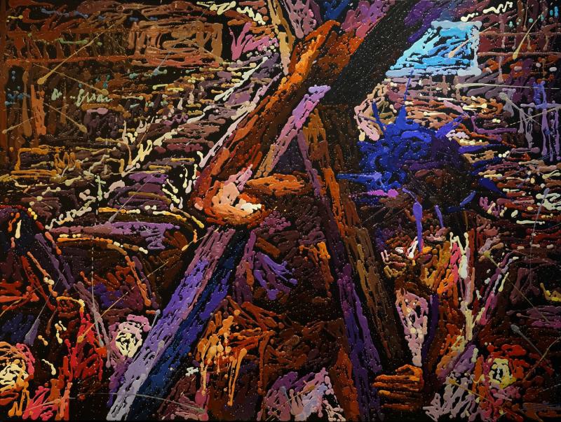 A chaotic abstract composition featuring a central diagonal structure amidst a vibrant, textured landscape.