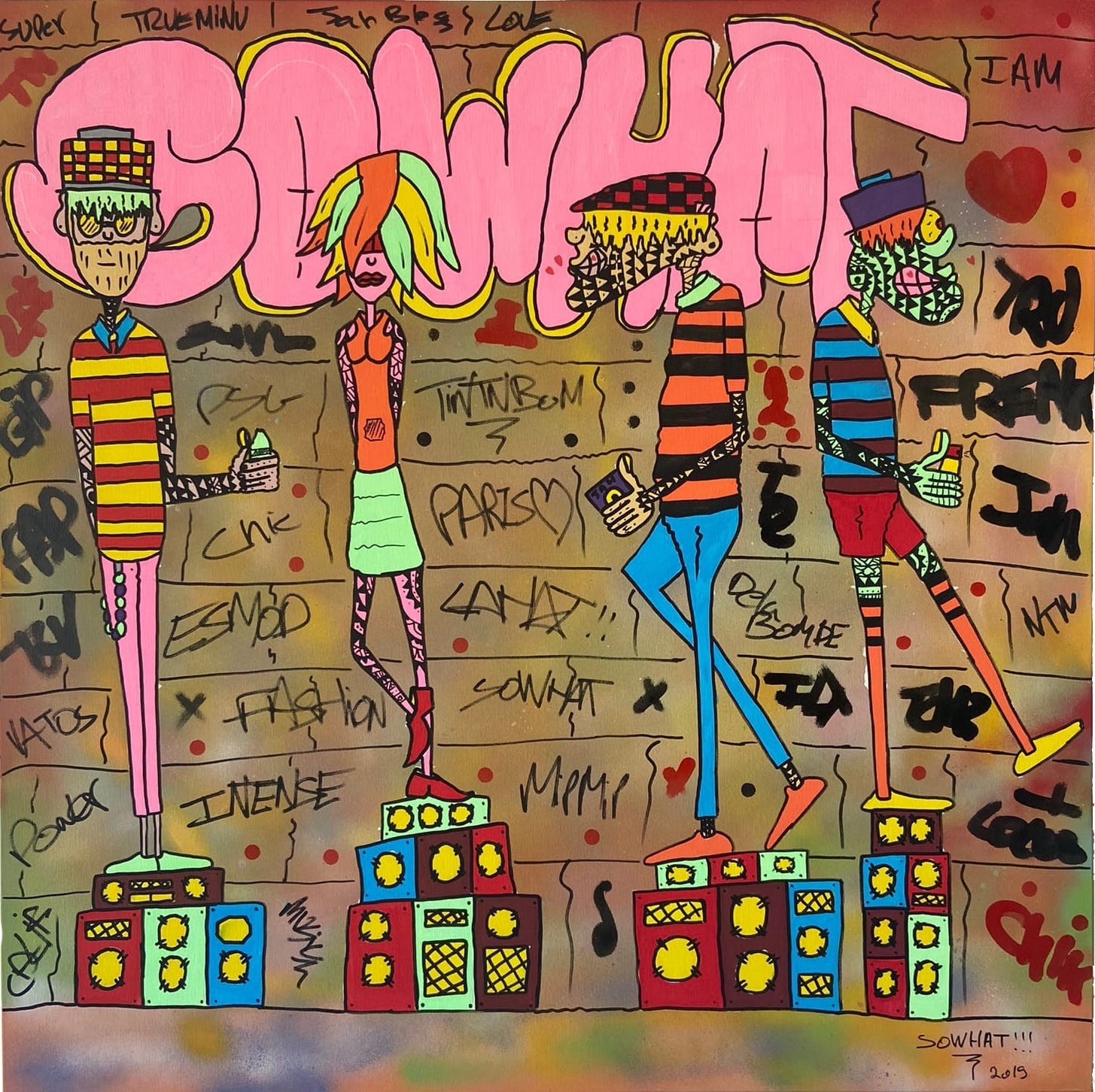 A vibrant street art scene featuring four stylized figures standing on colorful blocks against a graffiti-covered wall.