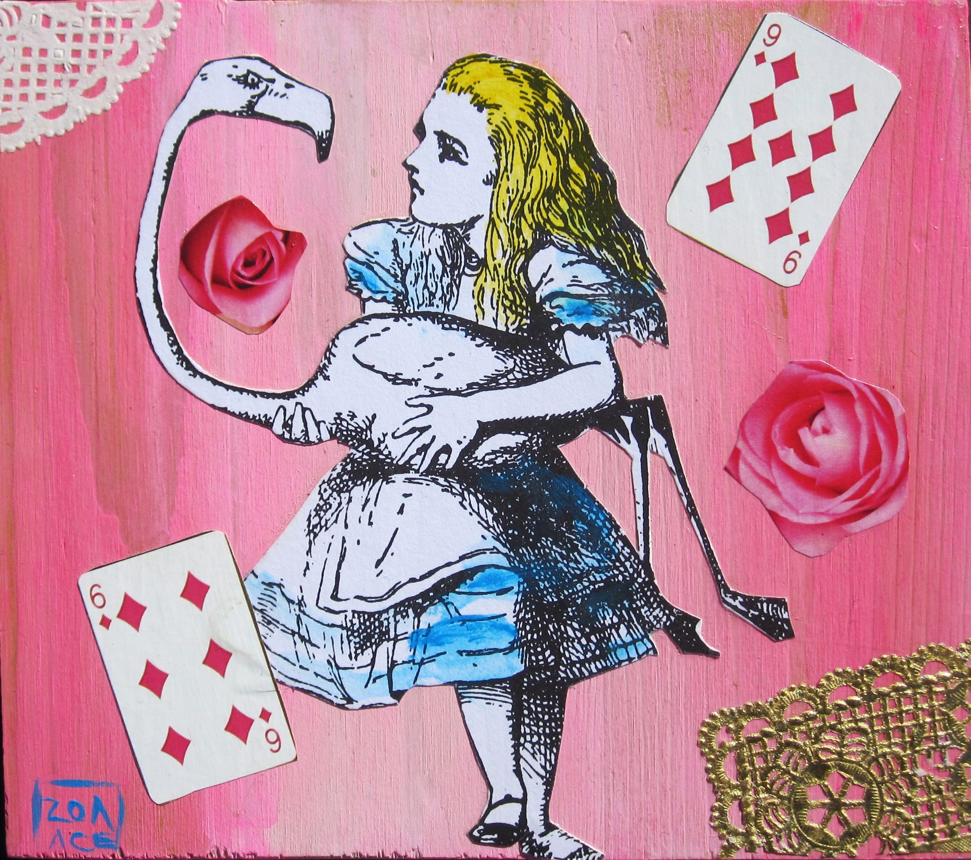 A painting of a girl sitting on a chair with a flamingo.