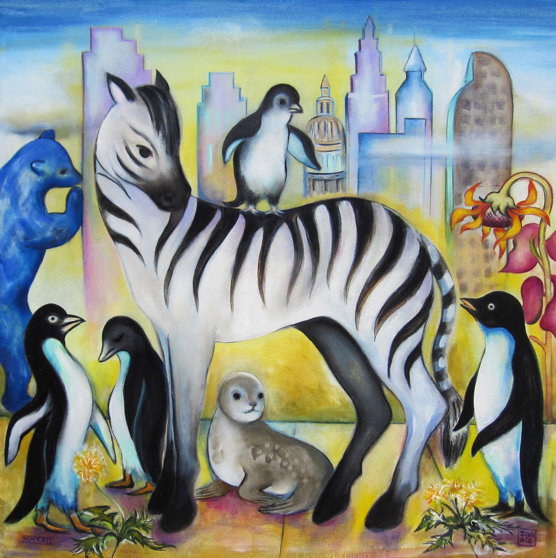 A painting of a zebra surrounded by penguins and seals.