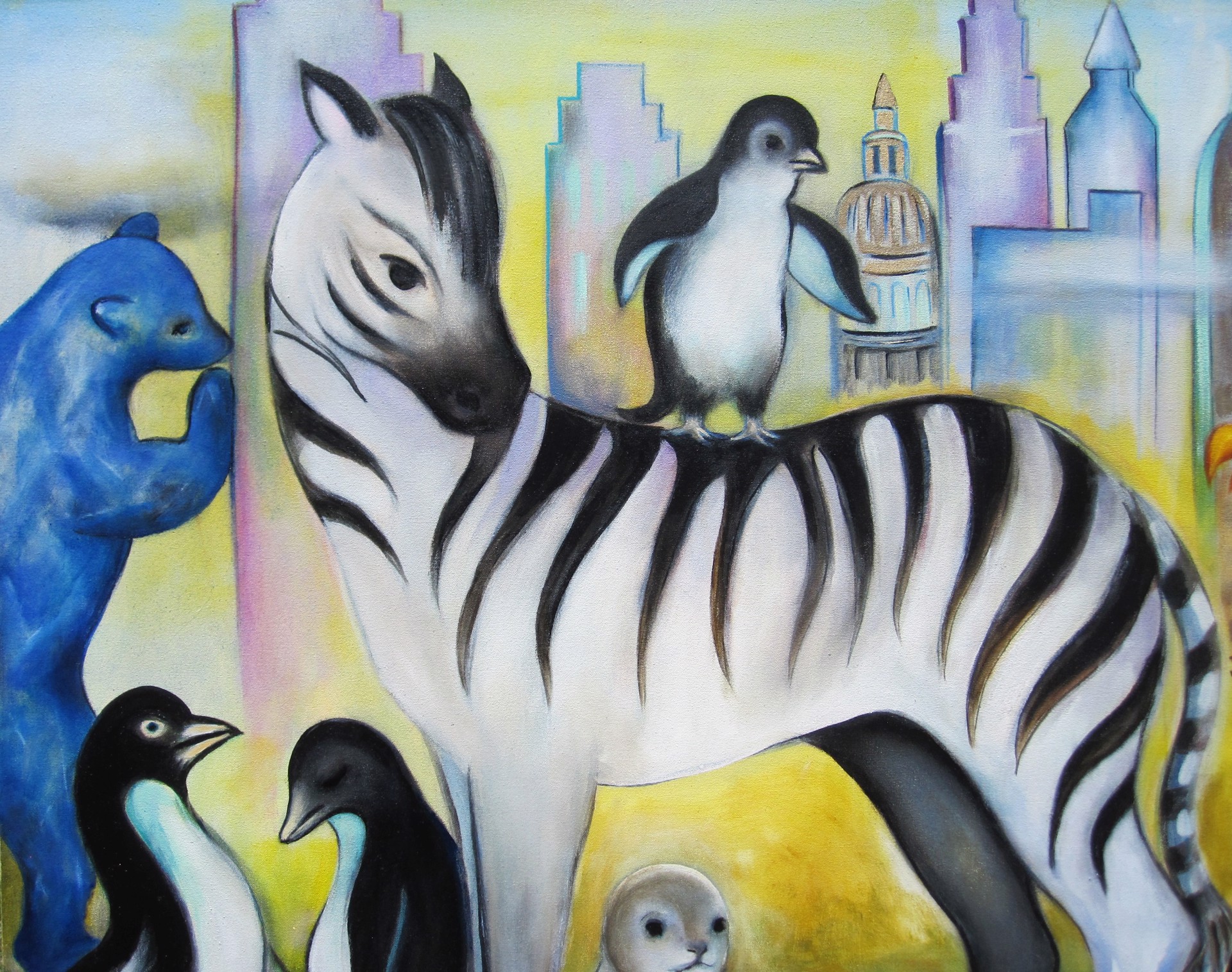 A painting of a zebra surrounded by penguins and seals.