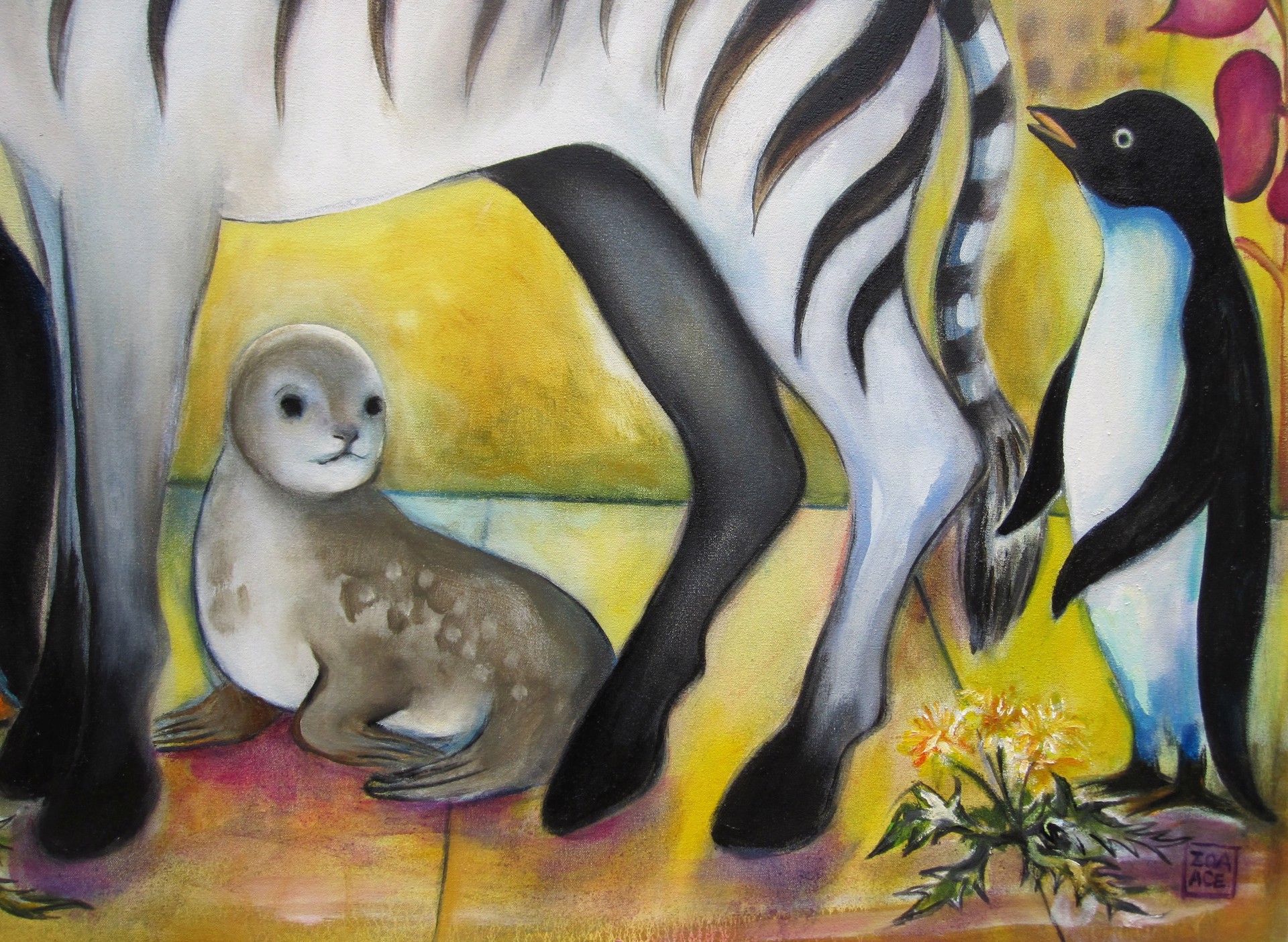 A painting of a zebra surrounded by penguins and seals.