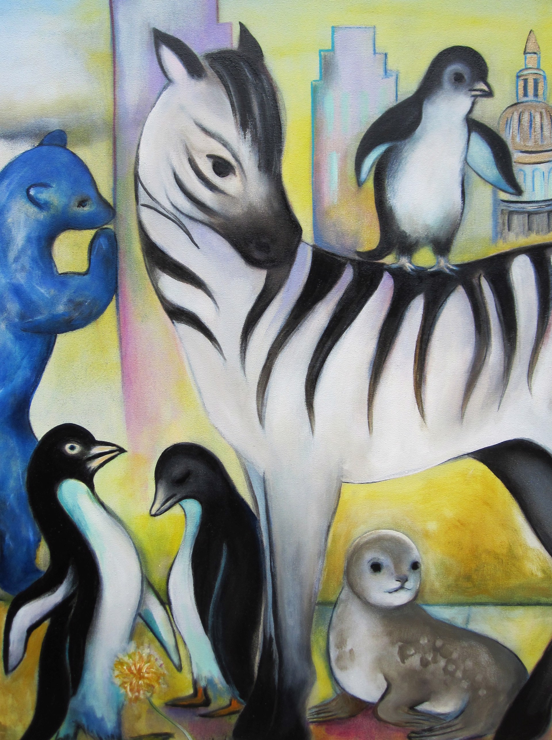 A painting of a zebra surrounded by penguins and seals.