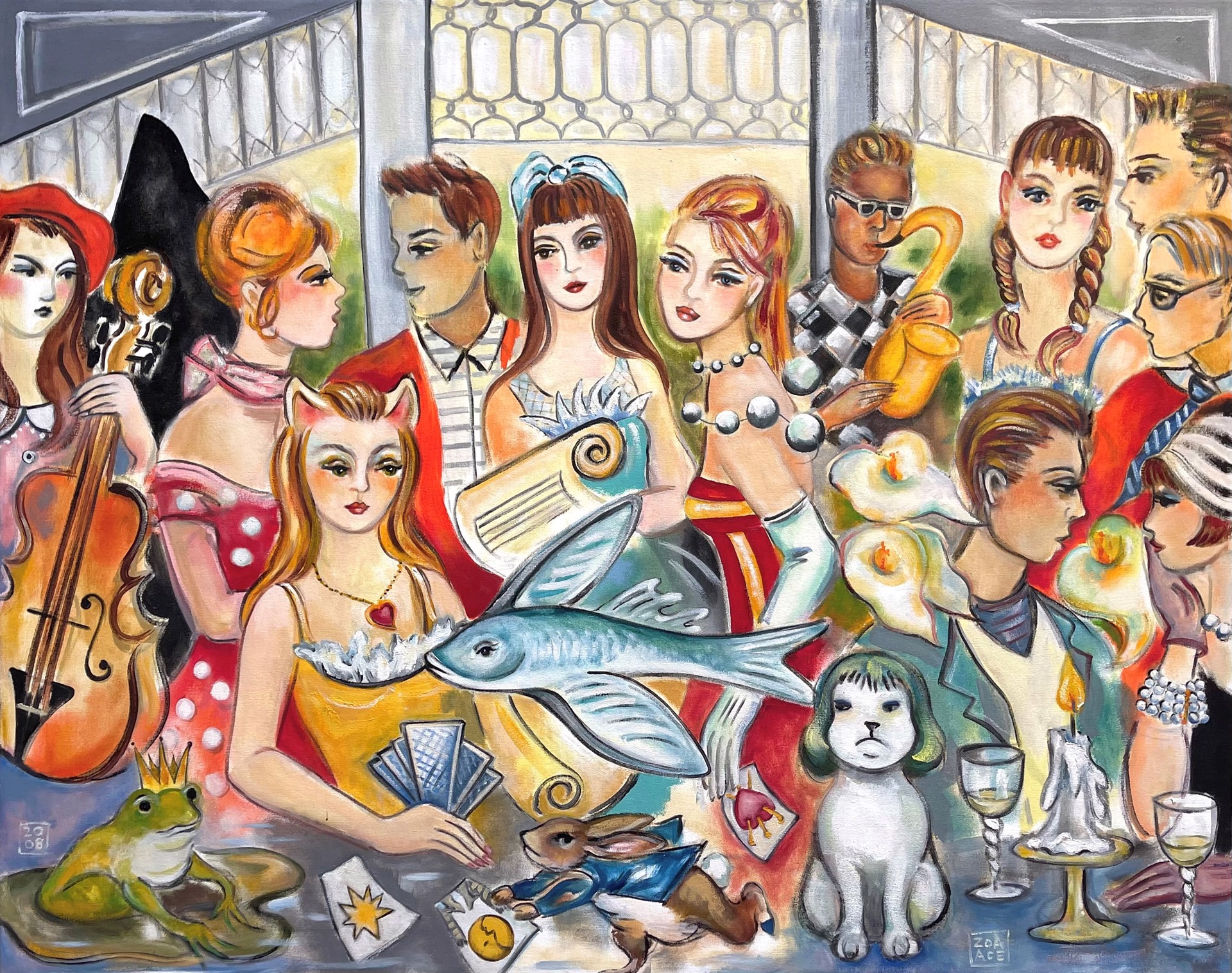 A painting of a group of people at a bar.