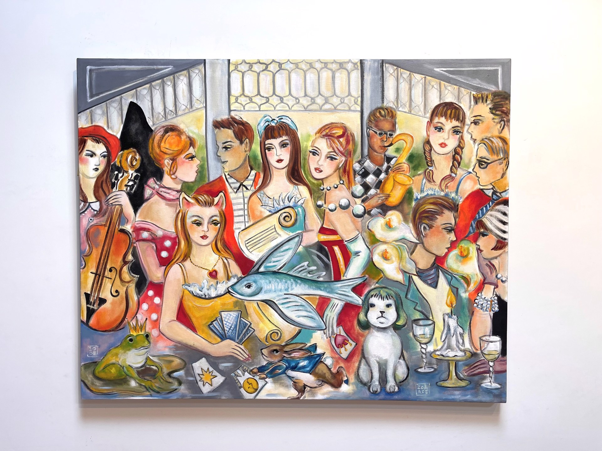 A painting of a group of people at a bar.