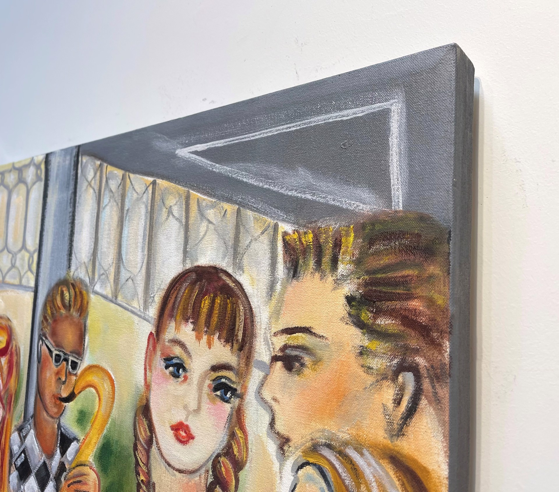 A painting of a group of people at a bar.