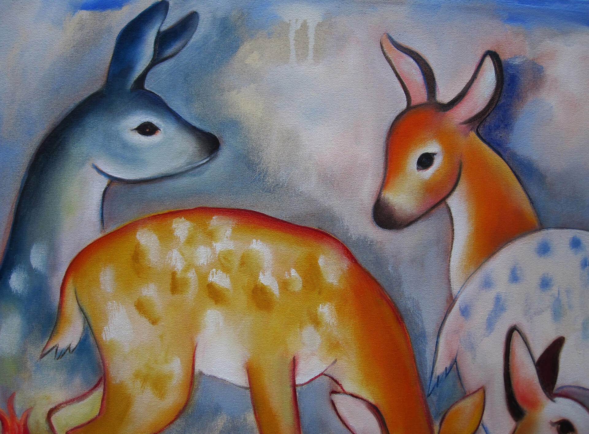 A painting of a group of deer in a field of flowers.