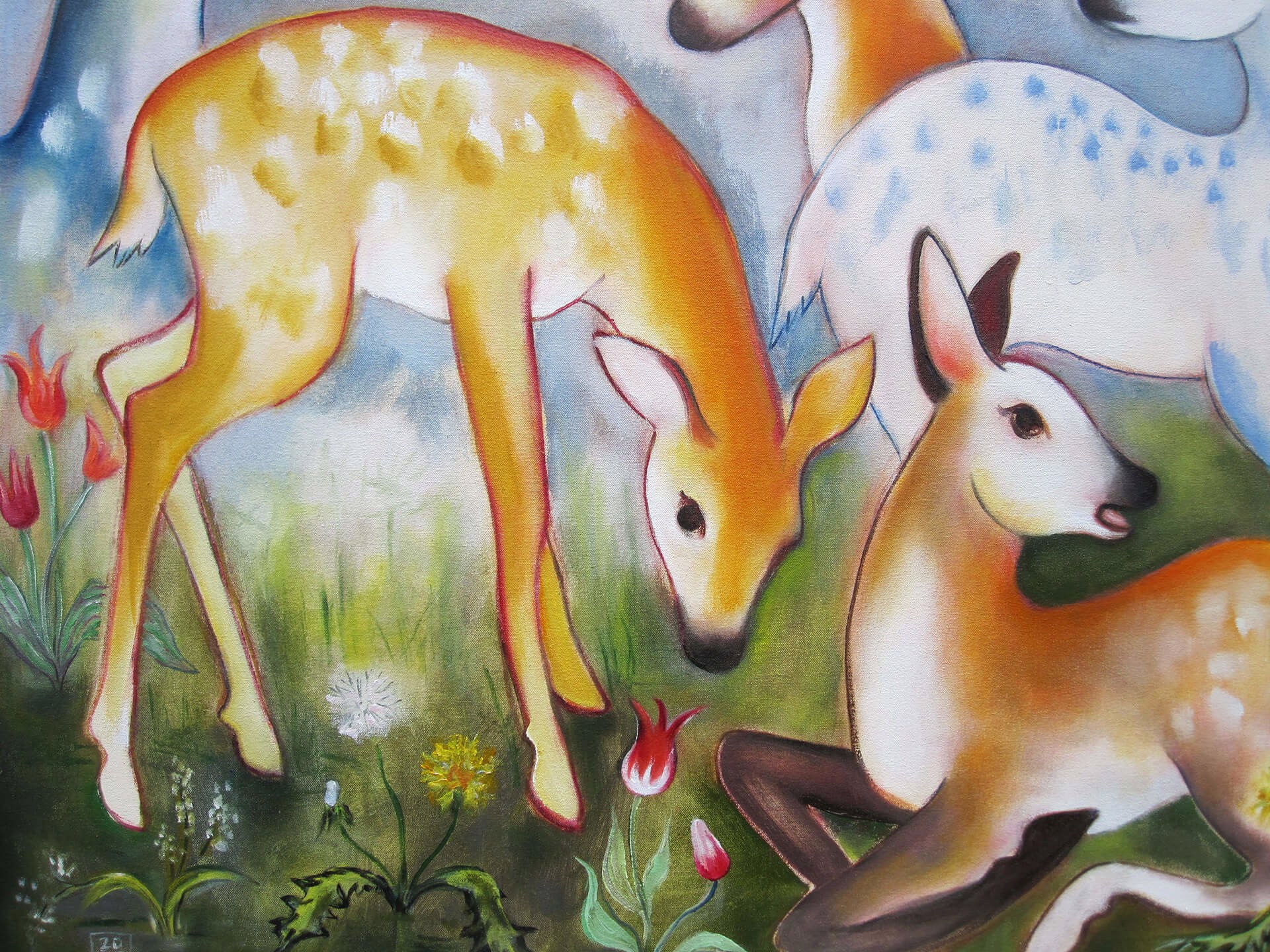 A painting of a group of deer in a field of flowers.