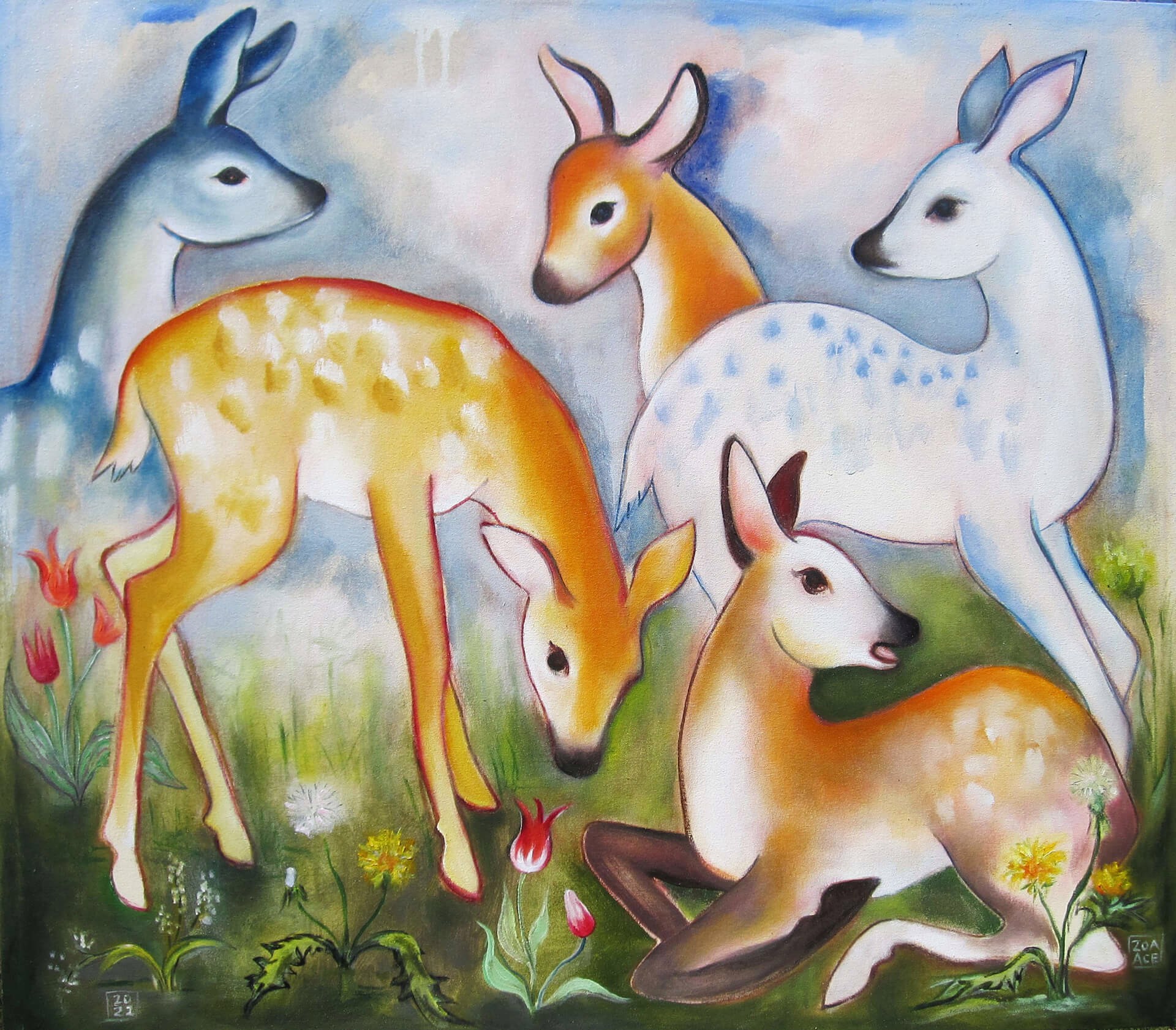 A painting of a group of deer in a field of flowers.
