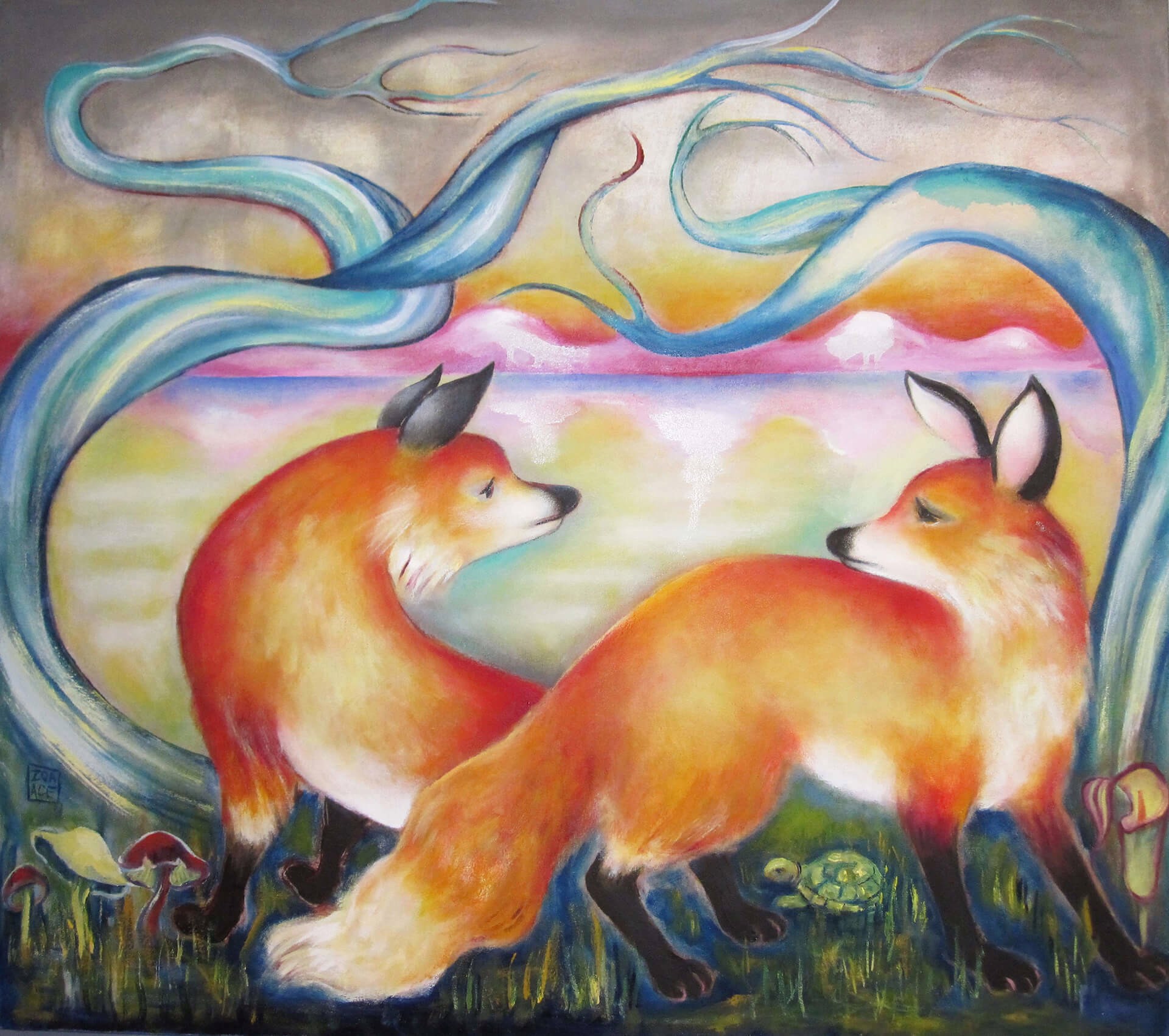 A painting of two foxes in a field of grass and trees.