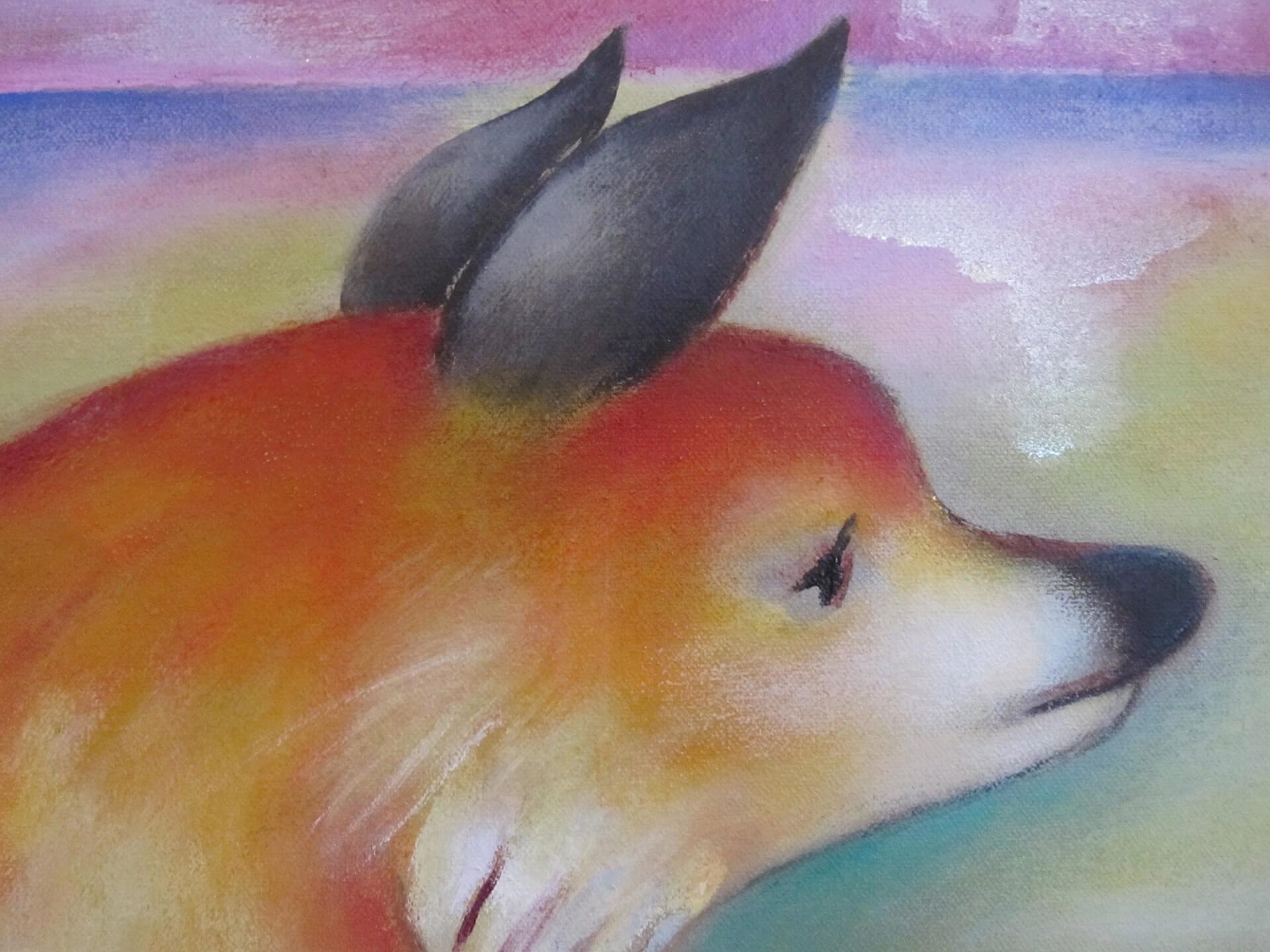 A painting of two foxes in a field of grass and trees.