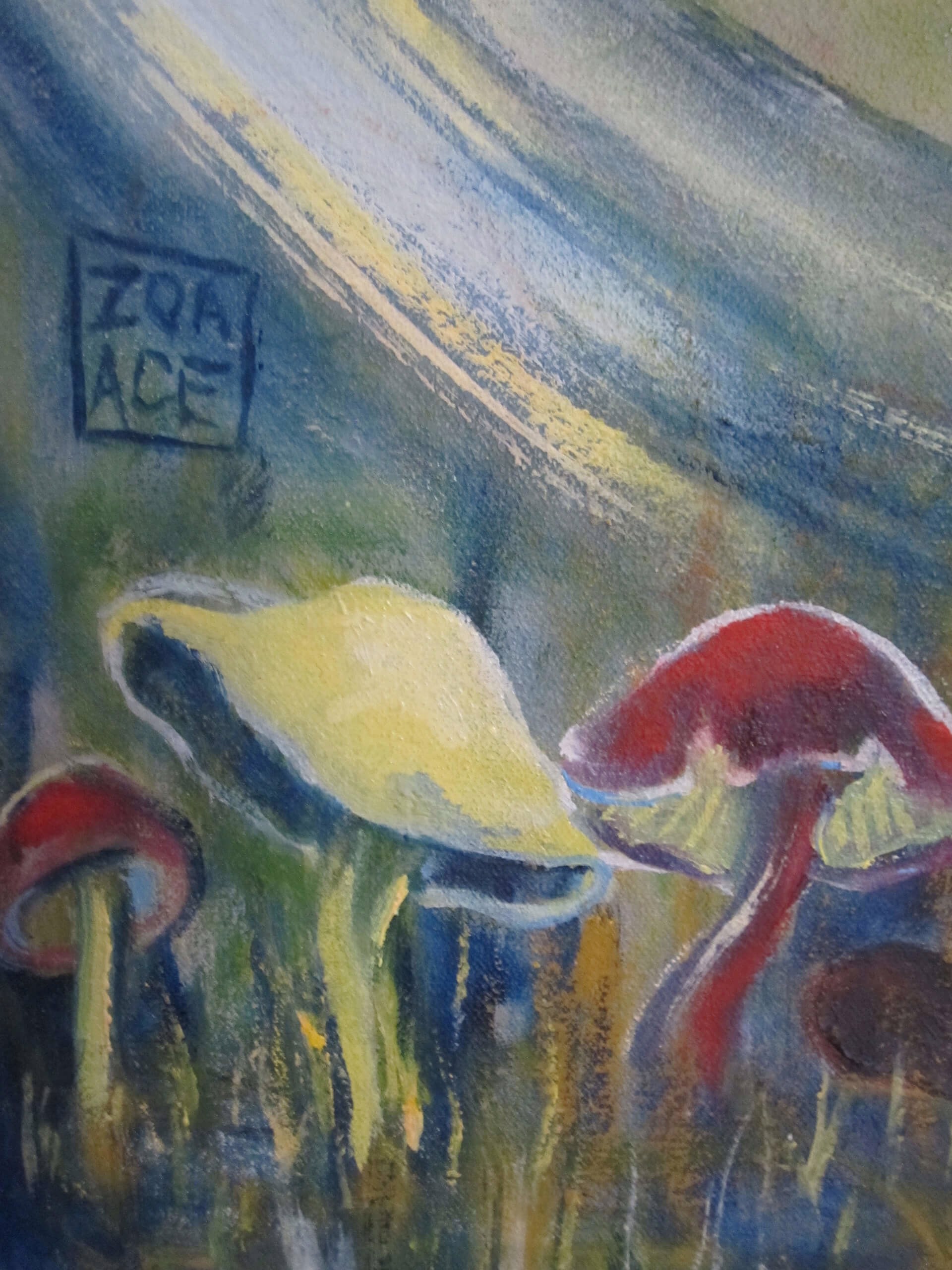 A painting of two foxes in a field of grass and trees.