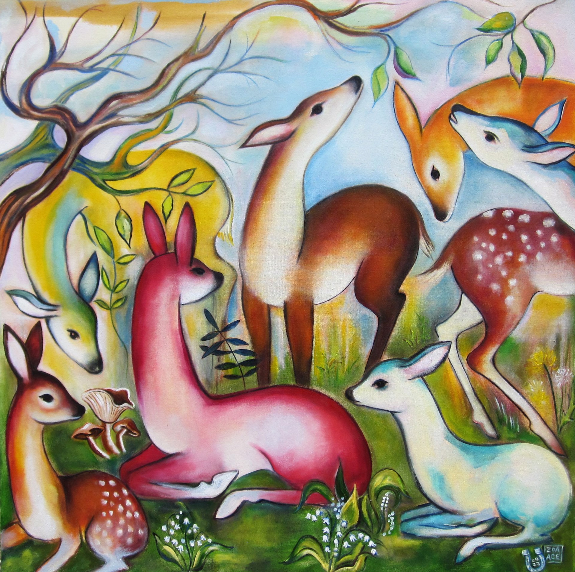 A painting of a group of deer in a forest.