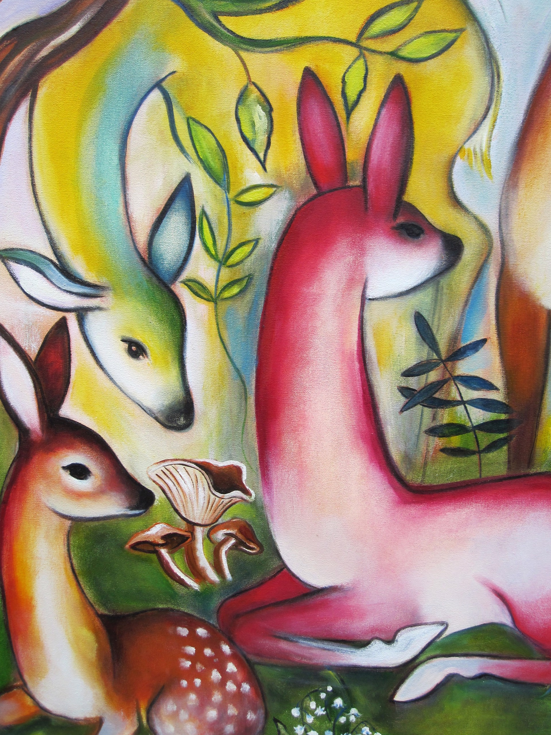 A painting of a group of deer in a forest.