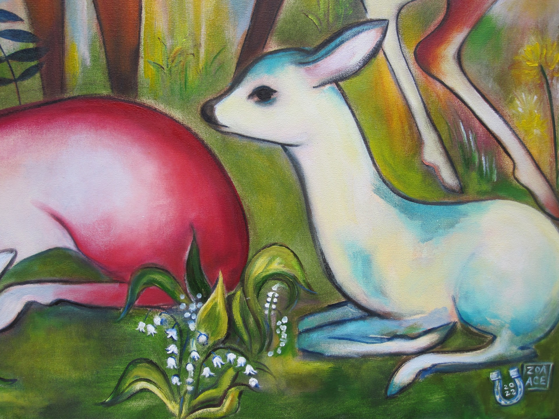 A painting of a group of deer in a forest.