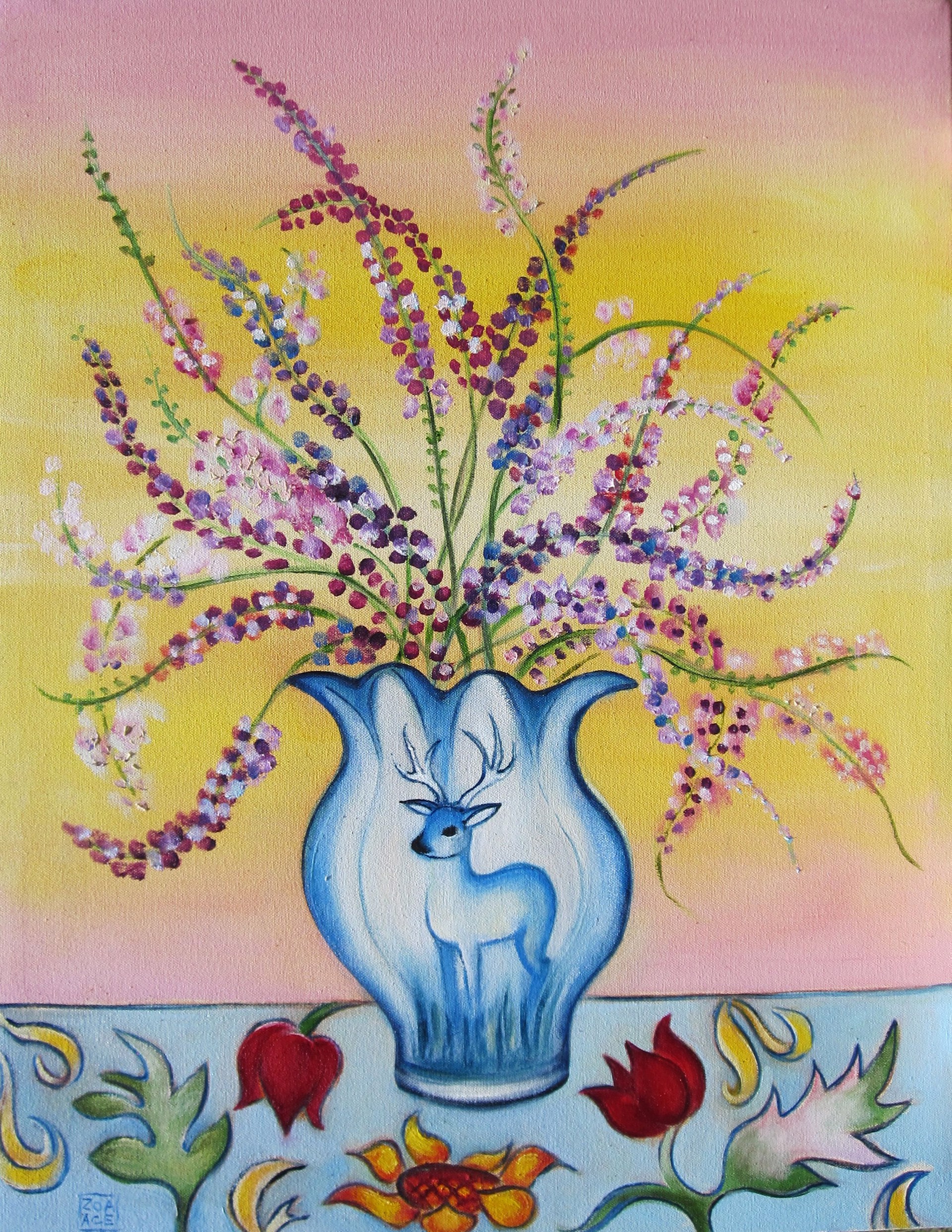 A painting of a blue vase with flowers in it.