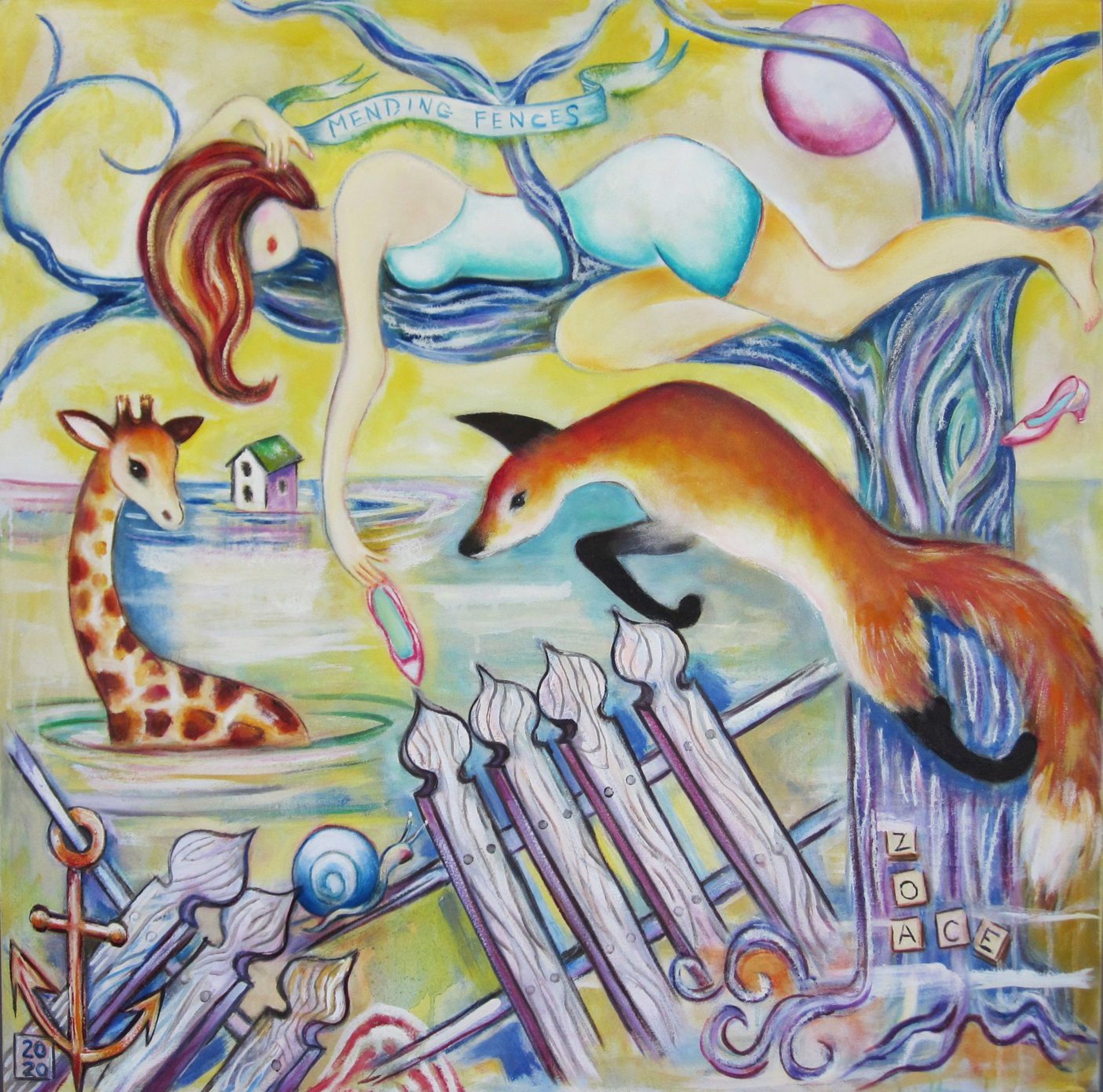 A painting of a woman swimming in the water with a fox and a giraffe.