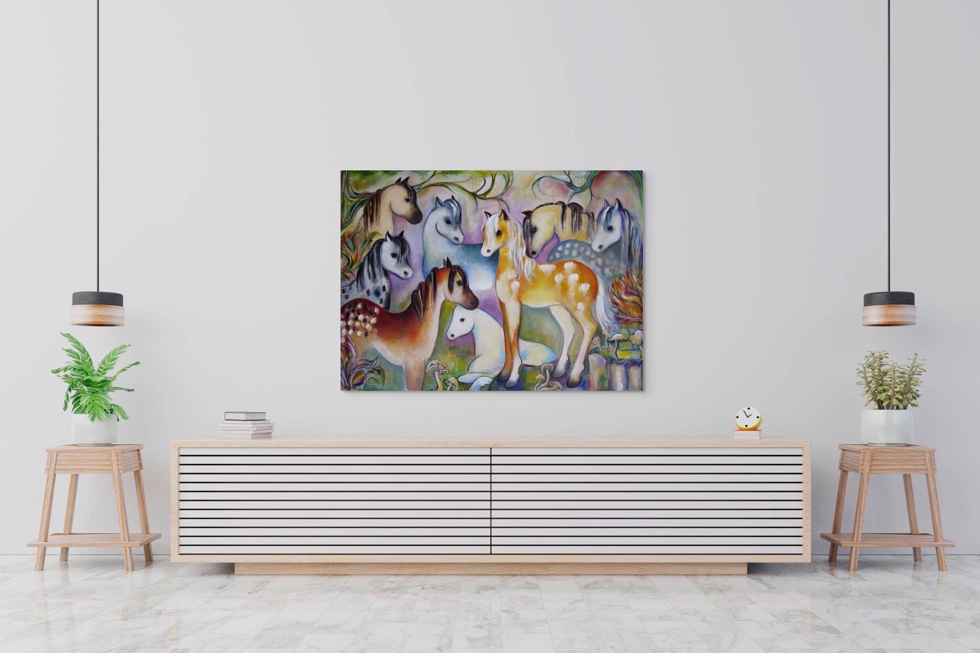 A painting of a group of horses in a forest.