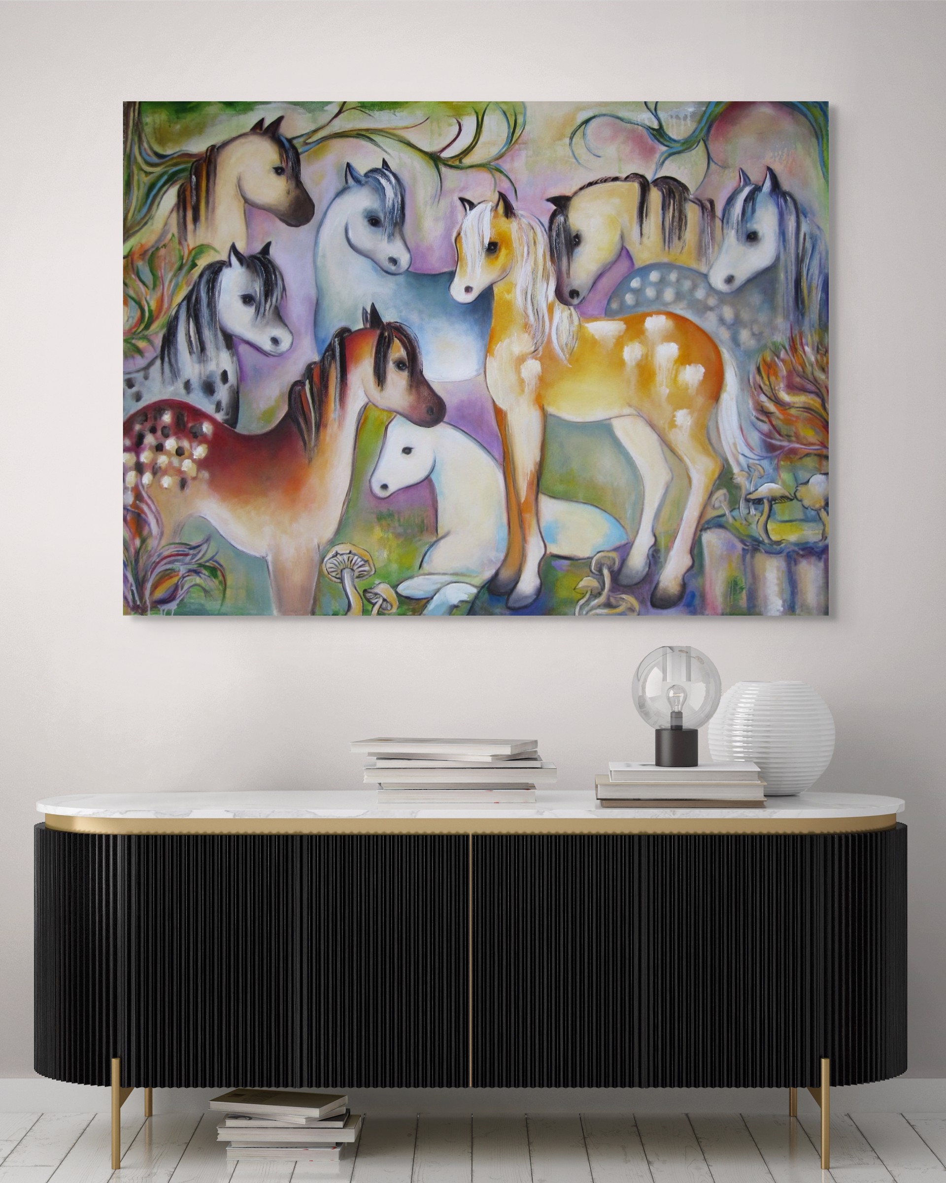 A painting of a group of horses in a forest.