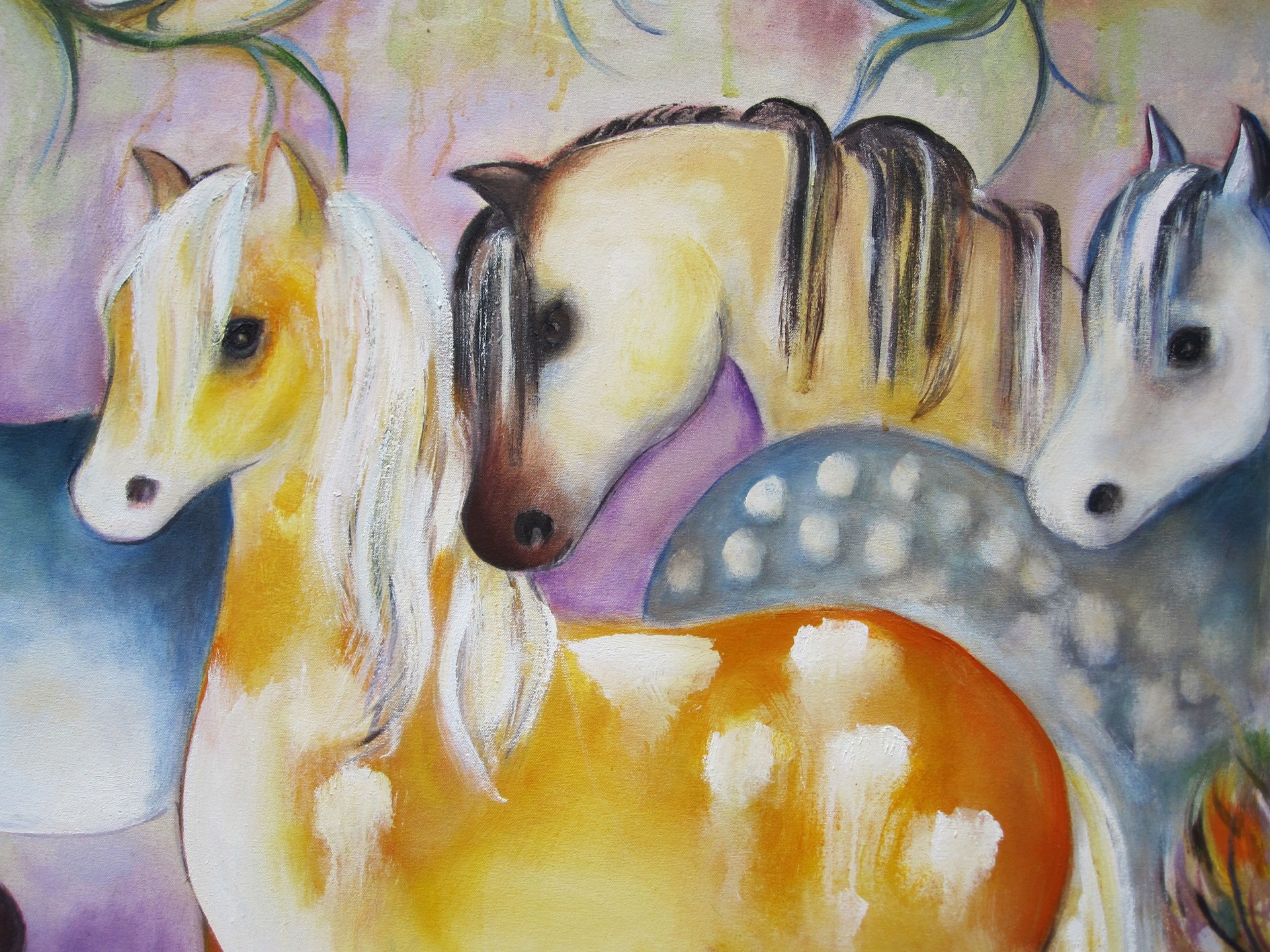 A painting of a group of horses in a forest.