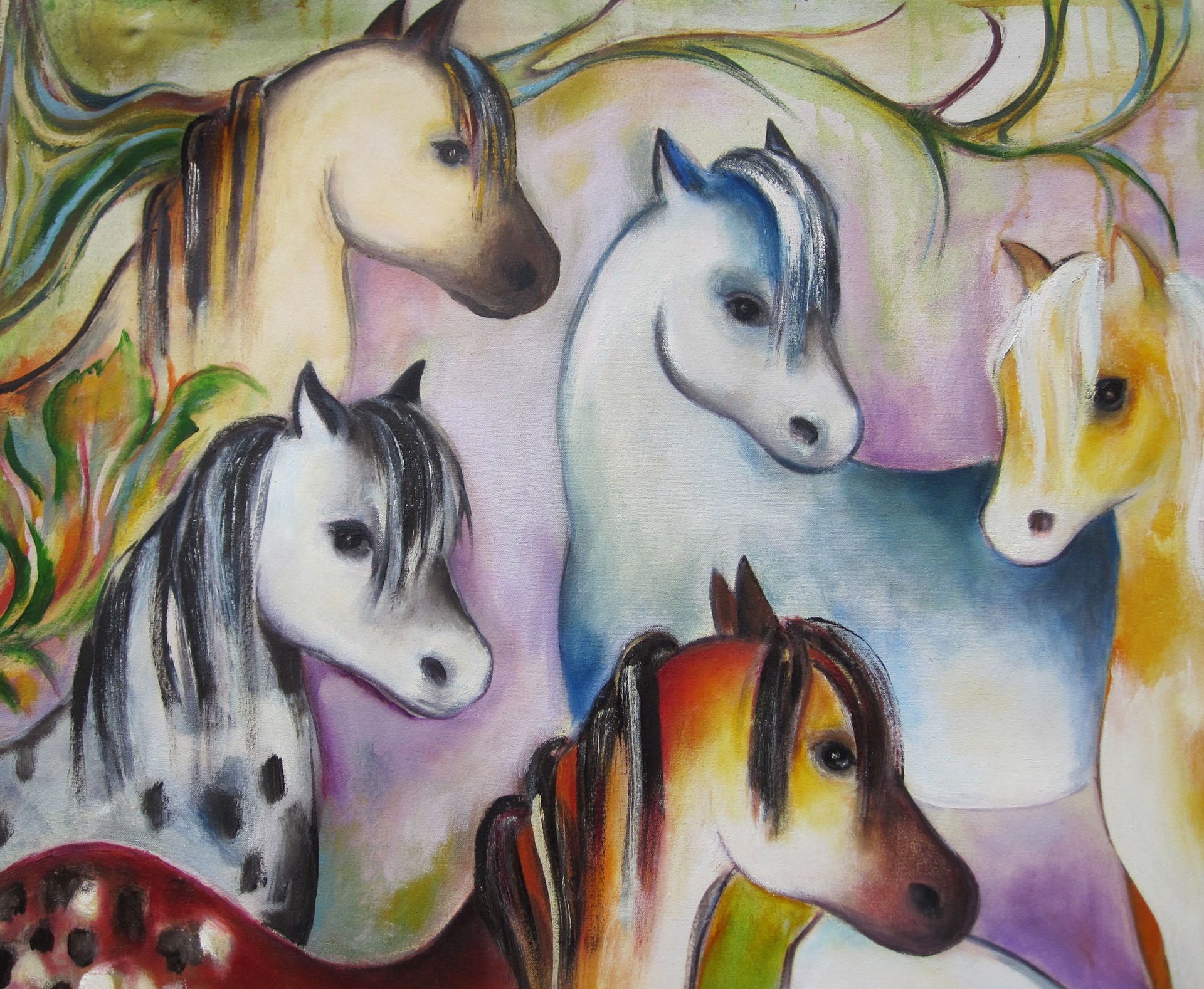 A painting of a group of horses in a forest.