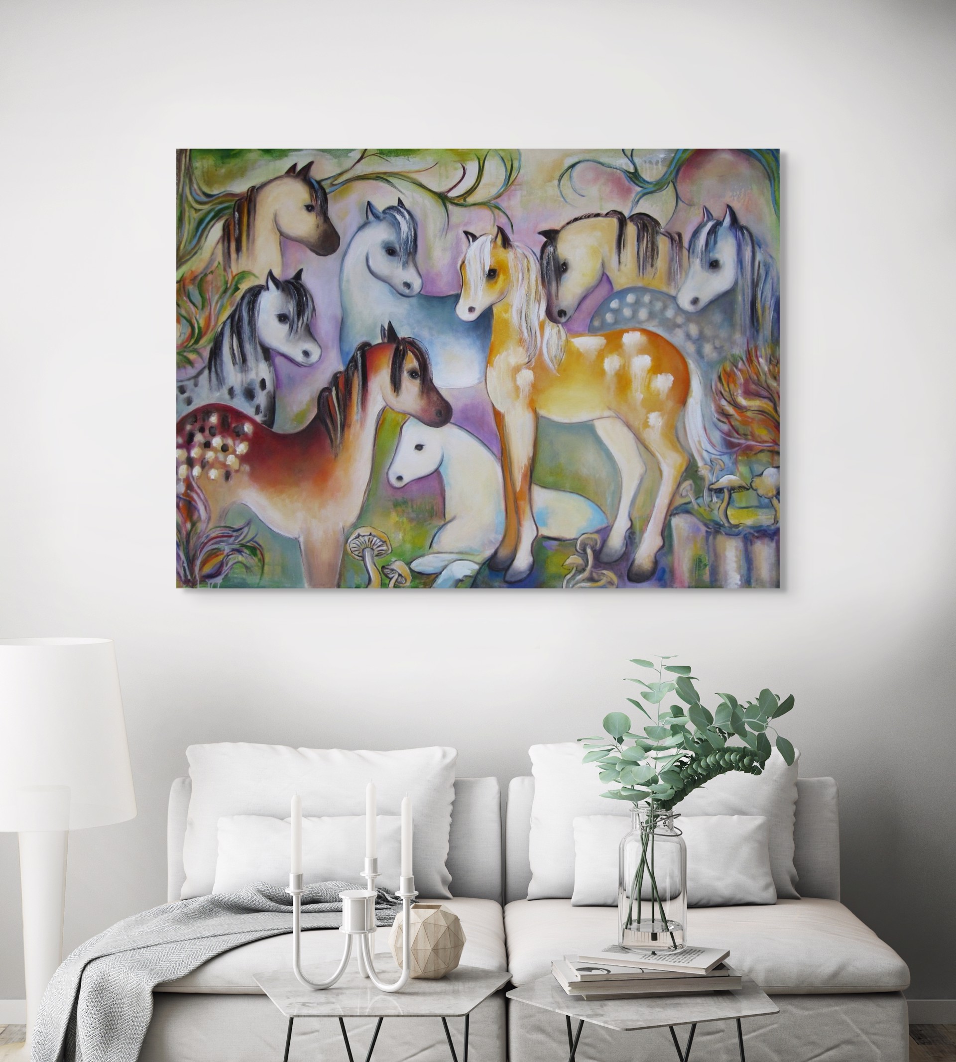 A painting of a group of horses in a forest.
