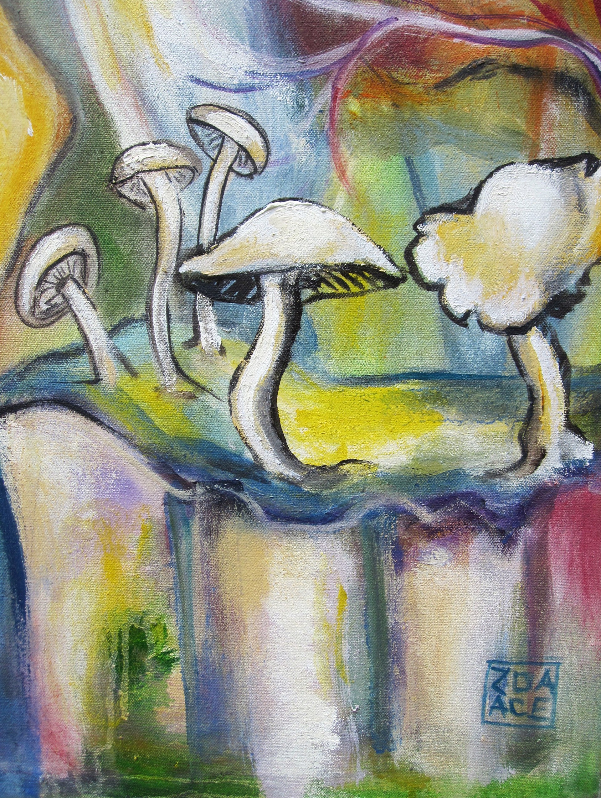 A painting of a group of horses in a forest.