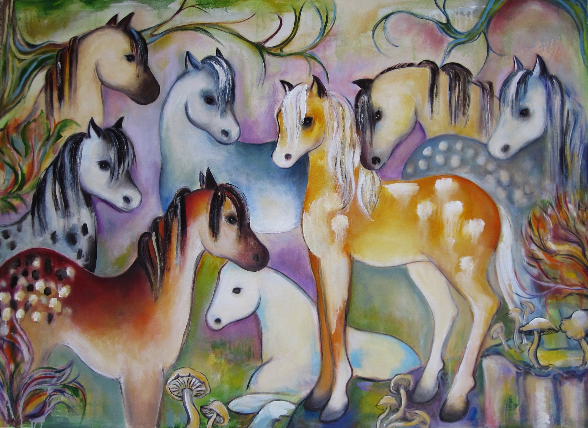 A painting of a group of horses in a forest.