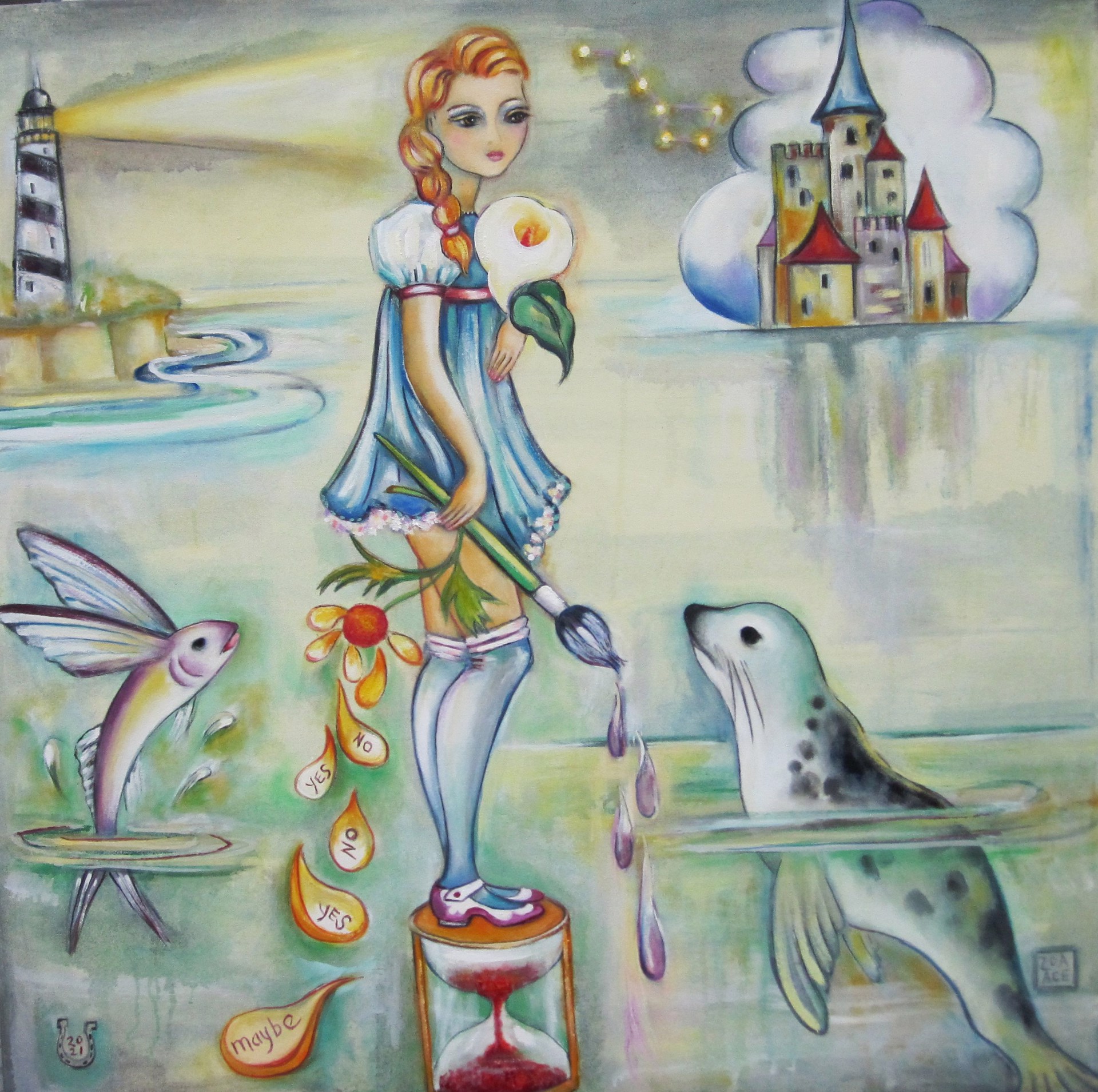 A painting of a girl holding a flower and a seal in front of a castle.