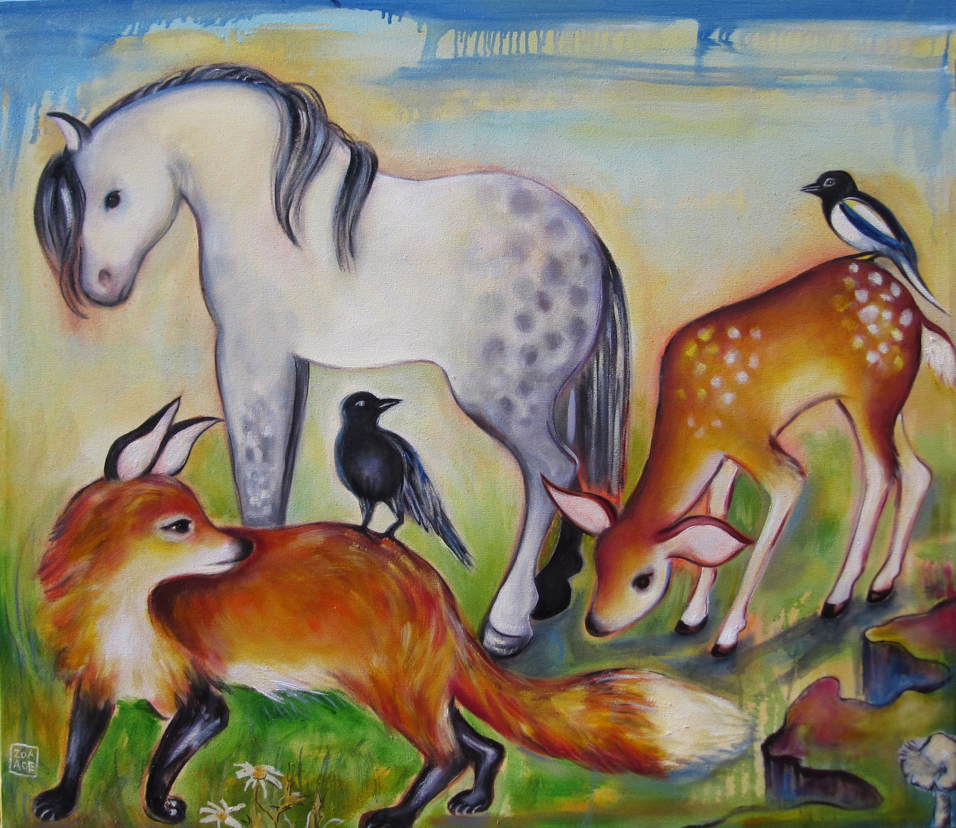 A painting of a horse, deer and a fox in a field.