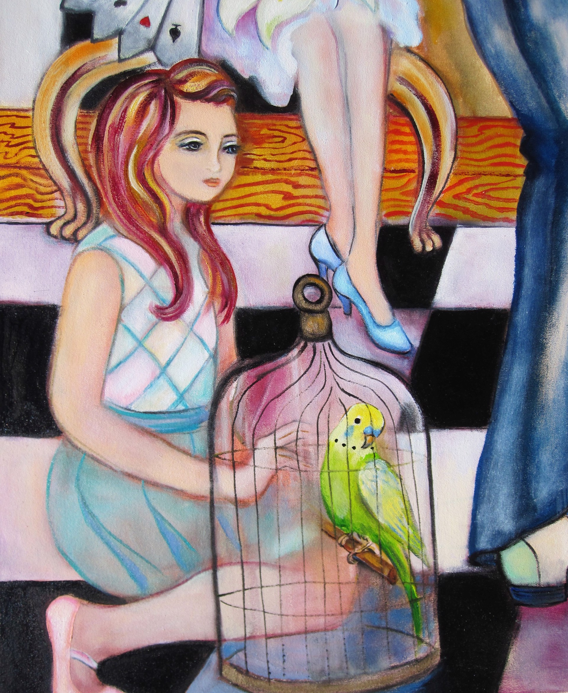 A painting of a man and woman dancing with a dog and a parrot.