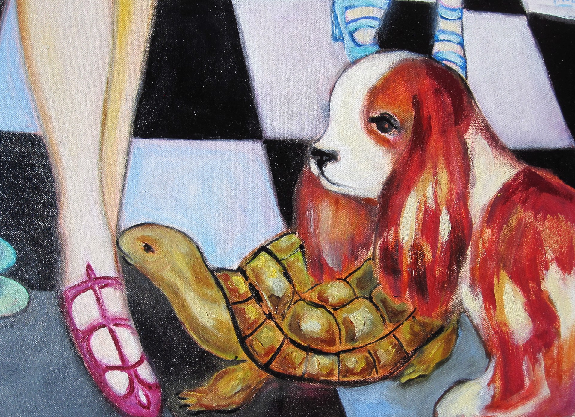 A painting of a man and woman dancing with a dog and a parrot.