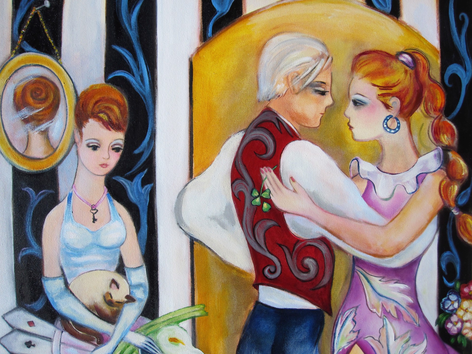 A painting of a man and woman dancing with a dog and a parrot.