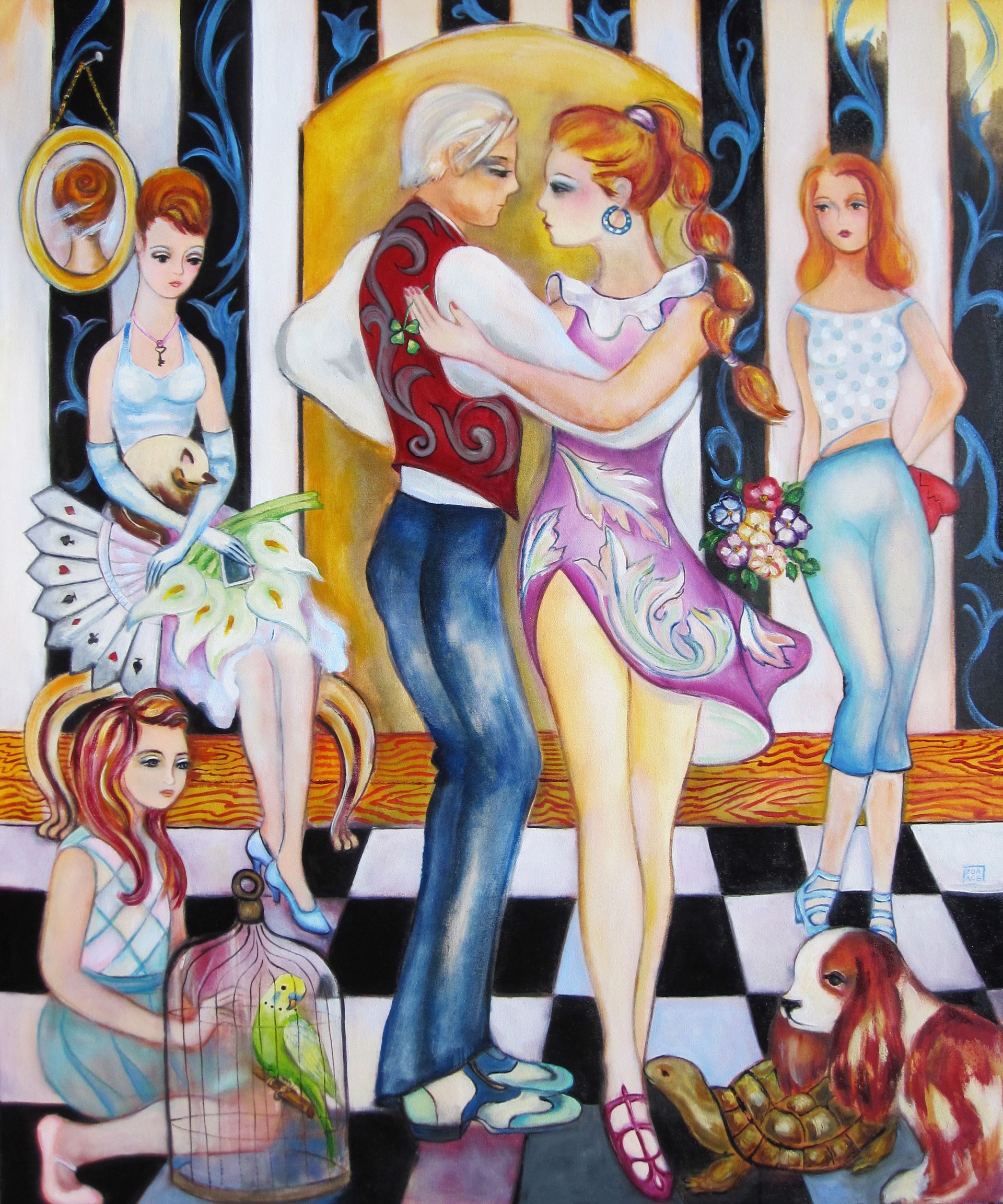 A painting of a man and woman dancing with a dog and a parrot.