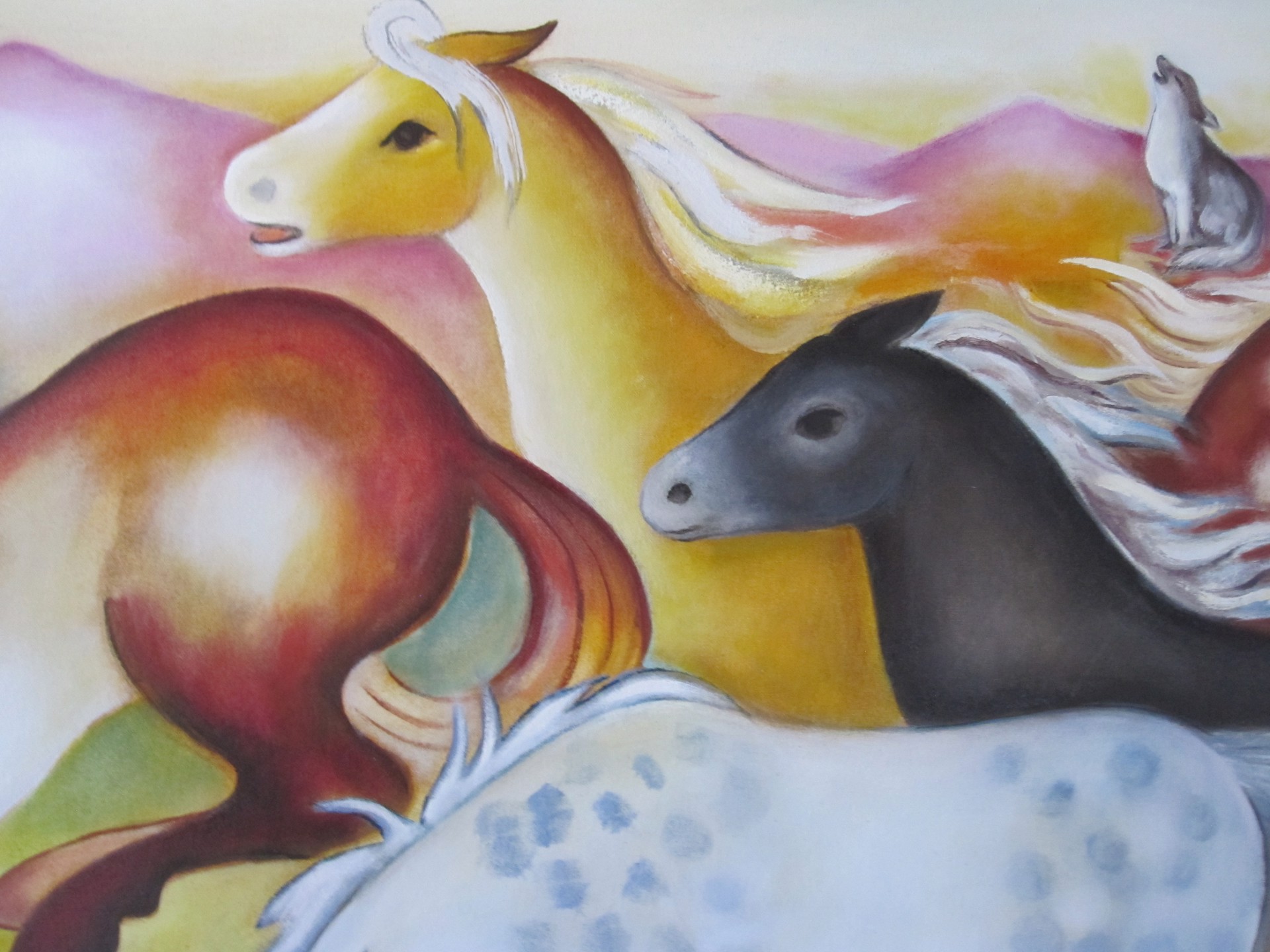 A painting of a group of horses running in a field.