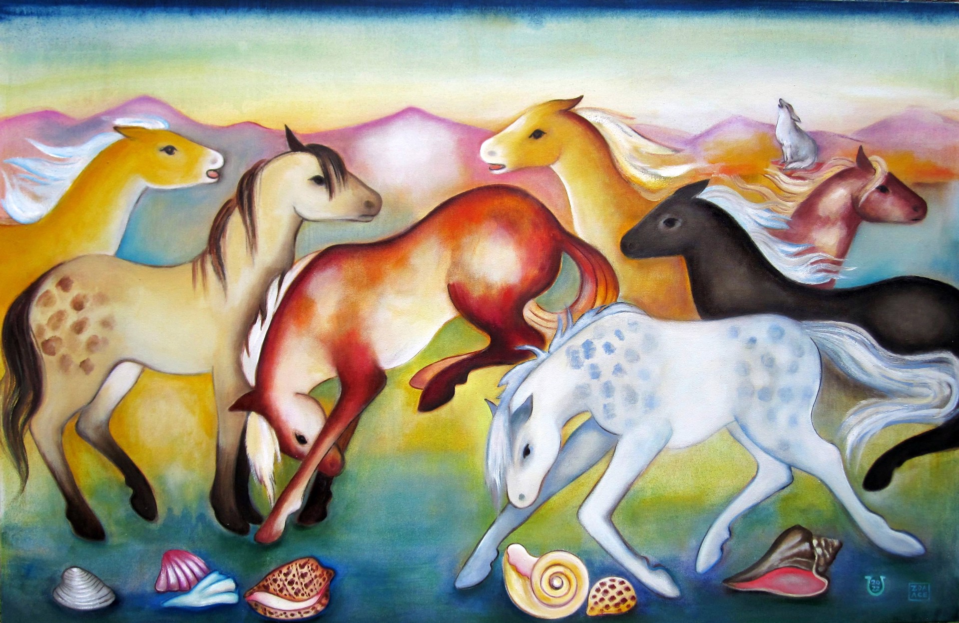 A painting of a group of horses running in a field.