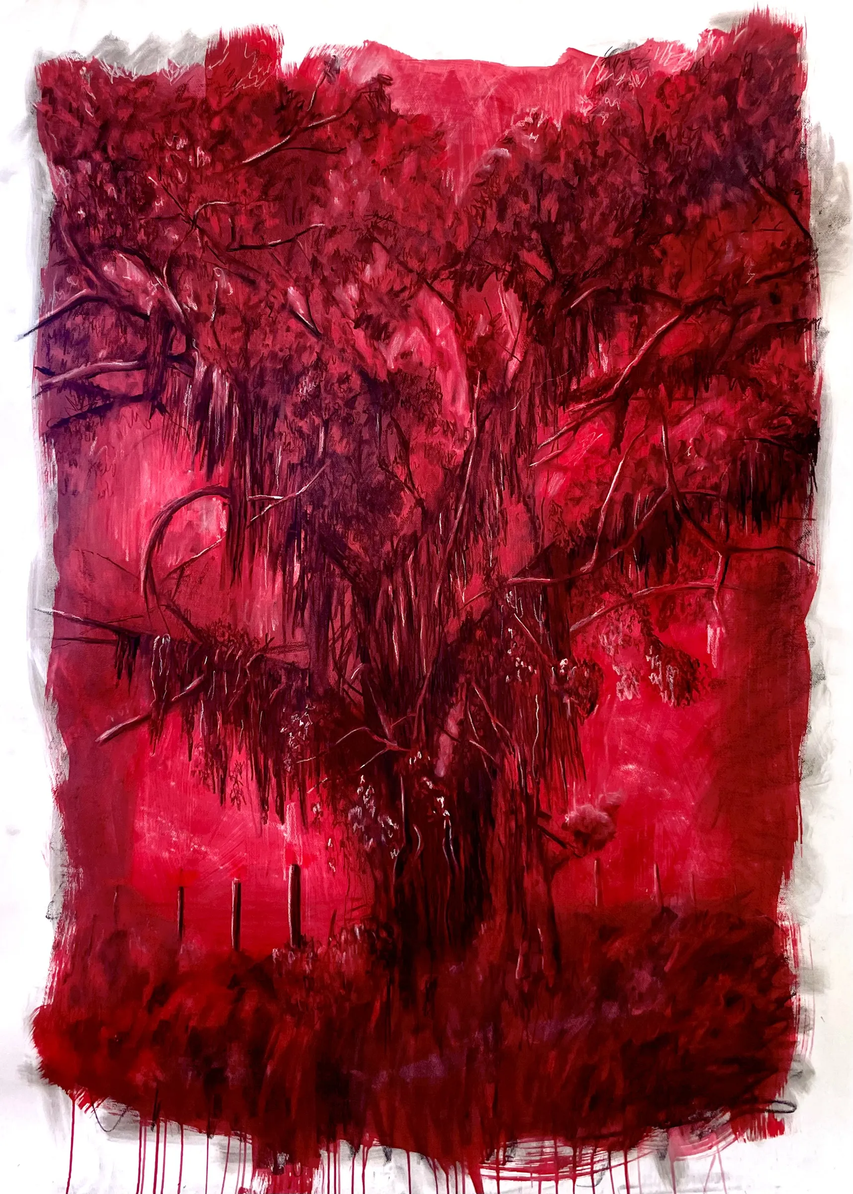 A painting of a tree with red leaves on it.