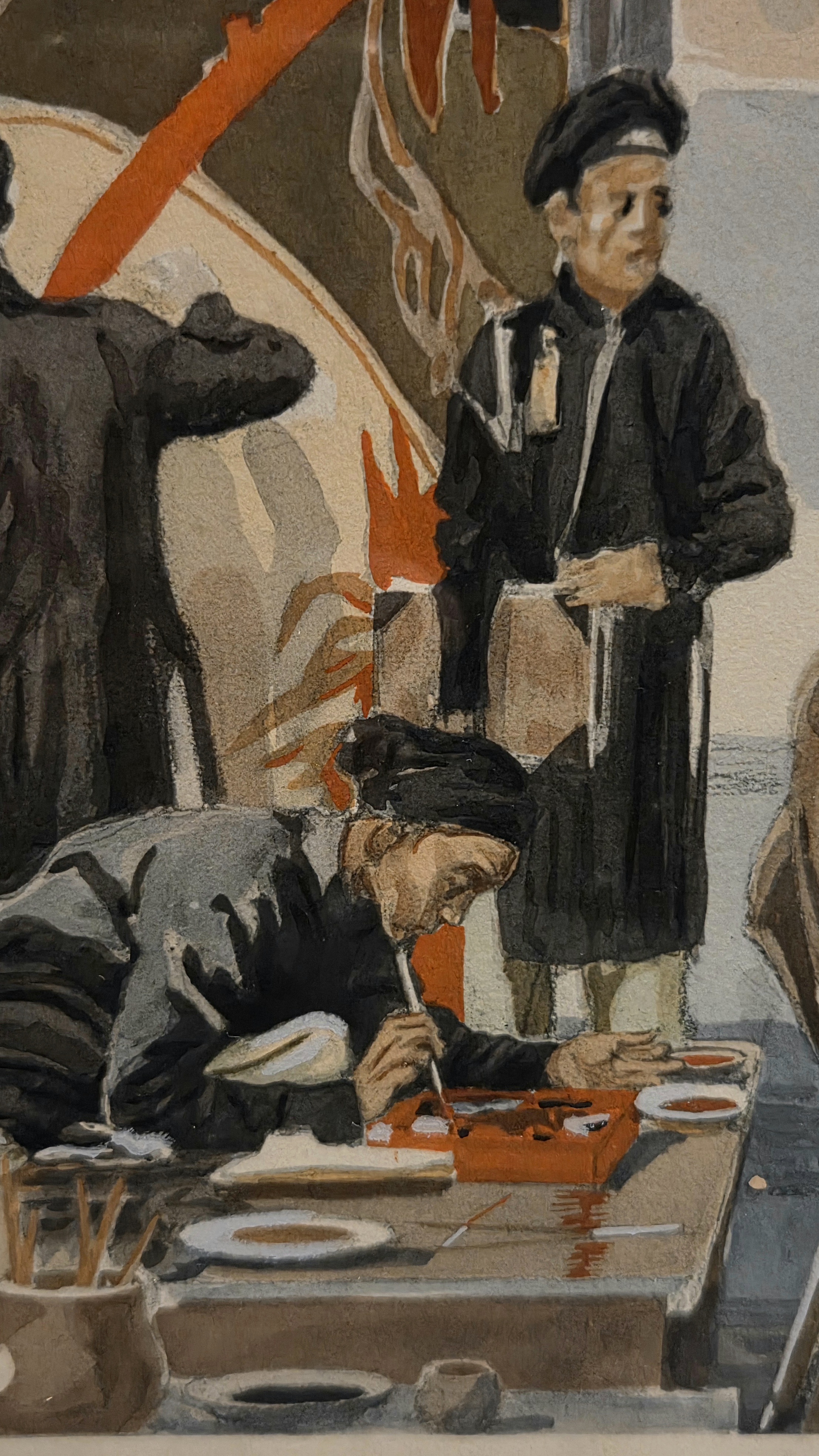 A group of figures in a dimly lit room, observing a large painting being created.