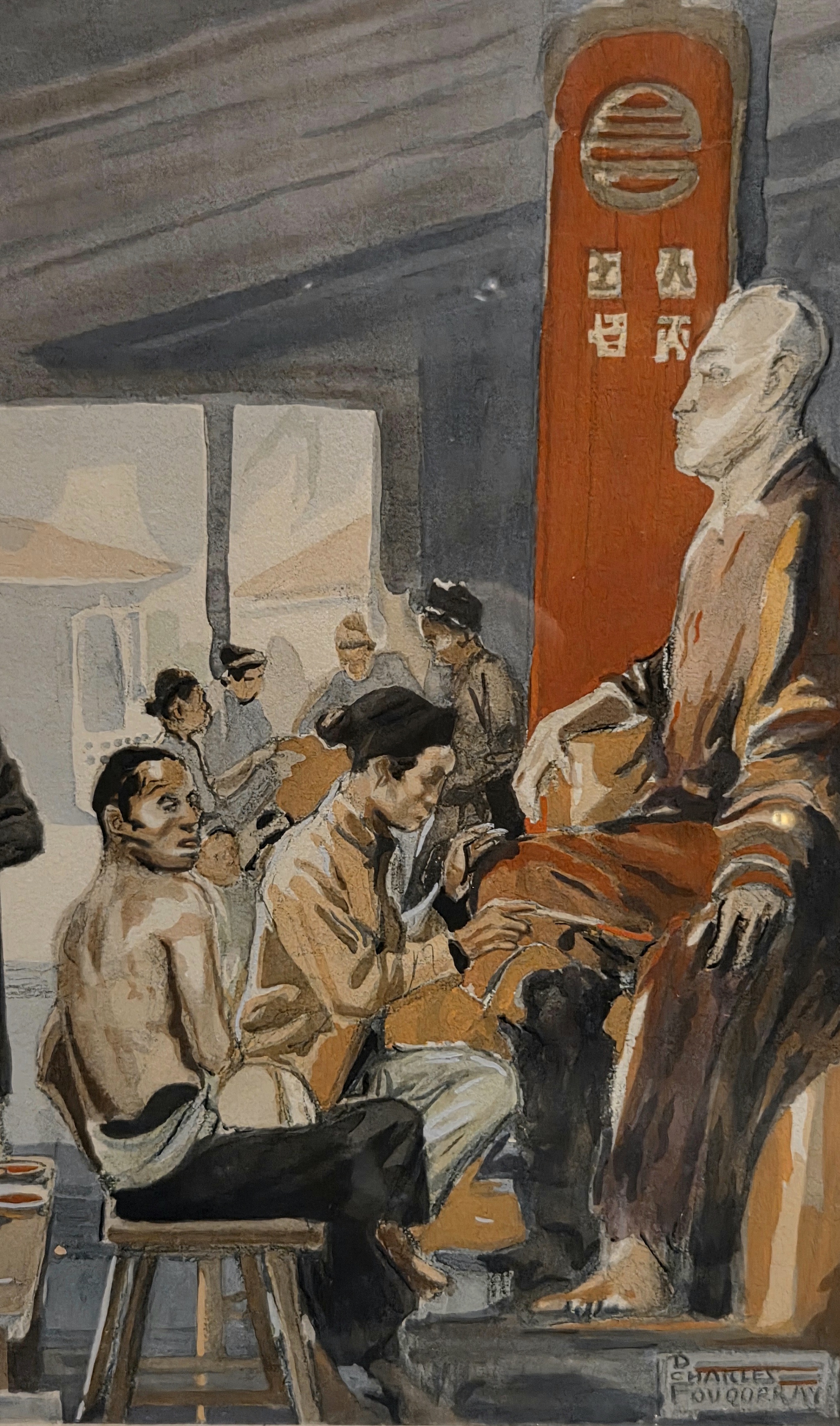 A group of figures in a dimly lit room, observing a large painting being created.