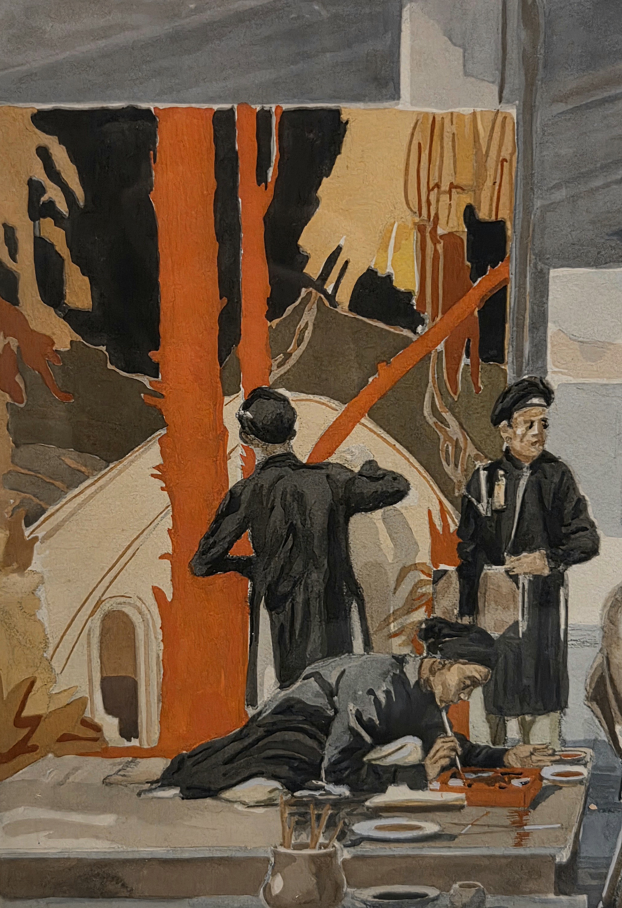 A group of figures in a dimly lit room, observing a large painting being created.