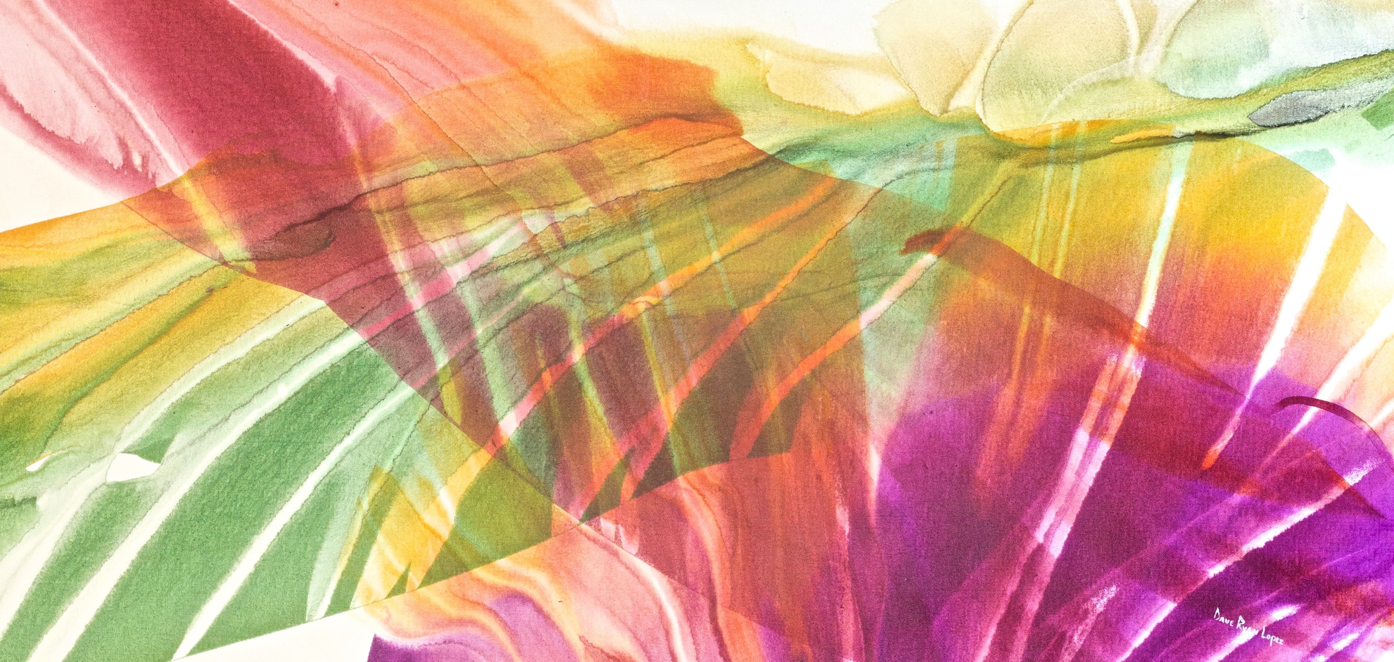 A watercolor painting of a colorful flower on a white background.