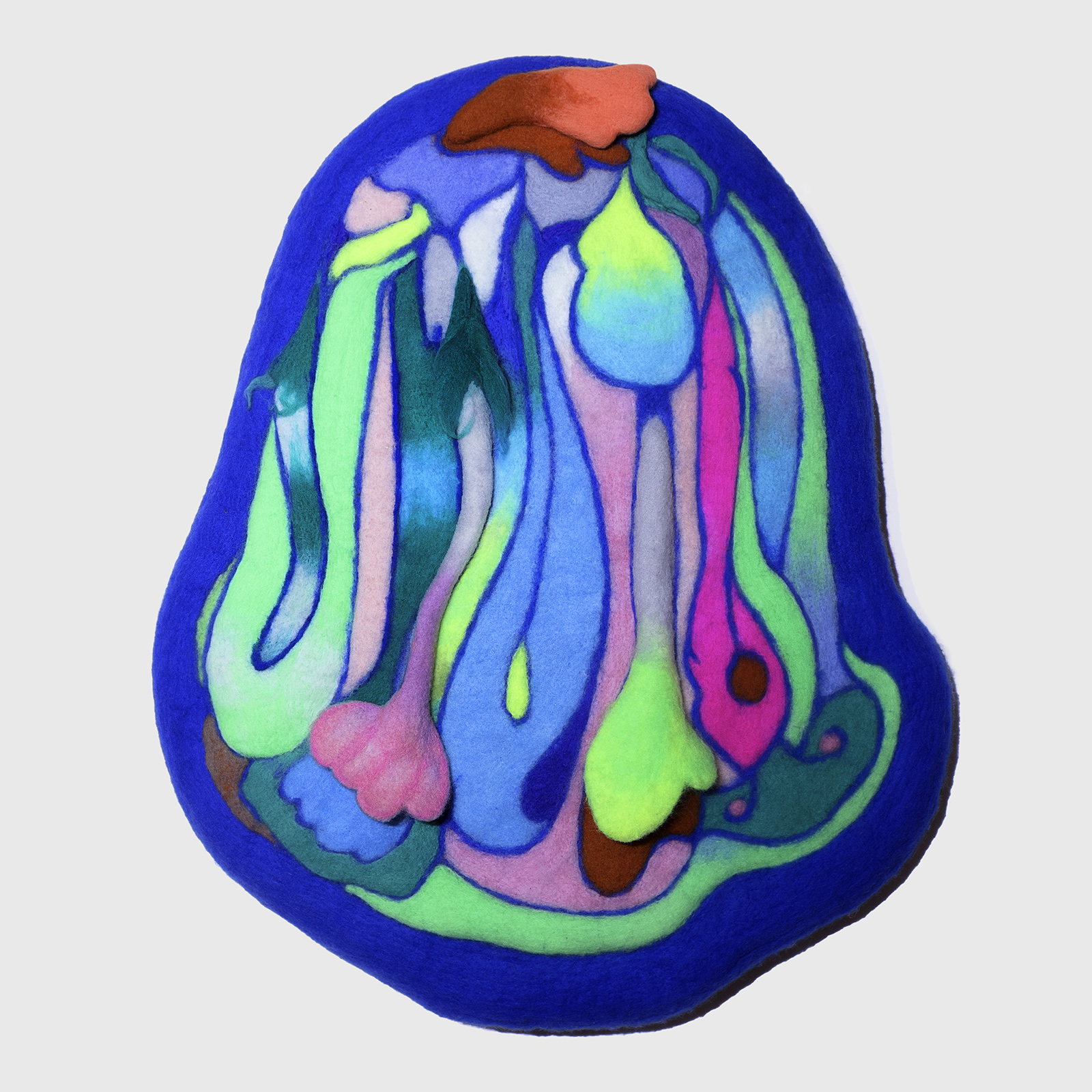 A colorful felted artwork featuring abstract organic shapes in a stained-glass style.